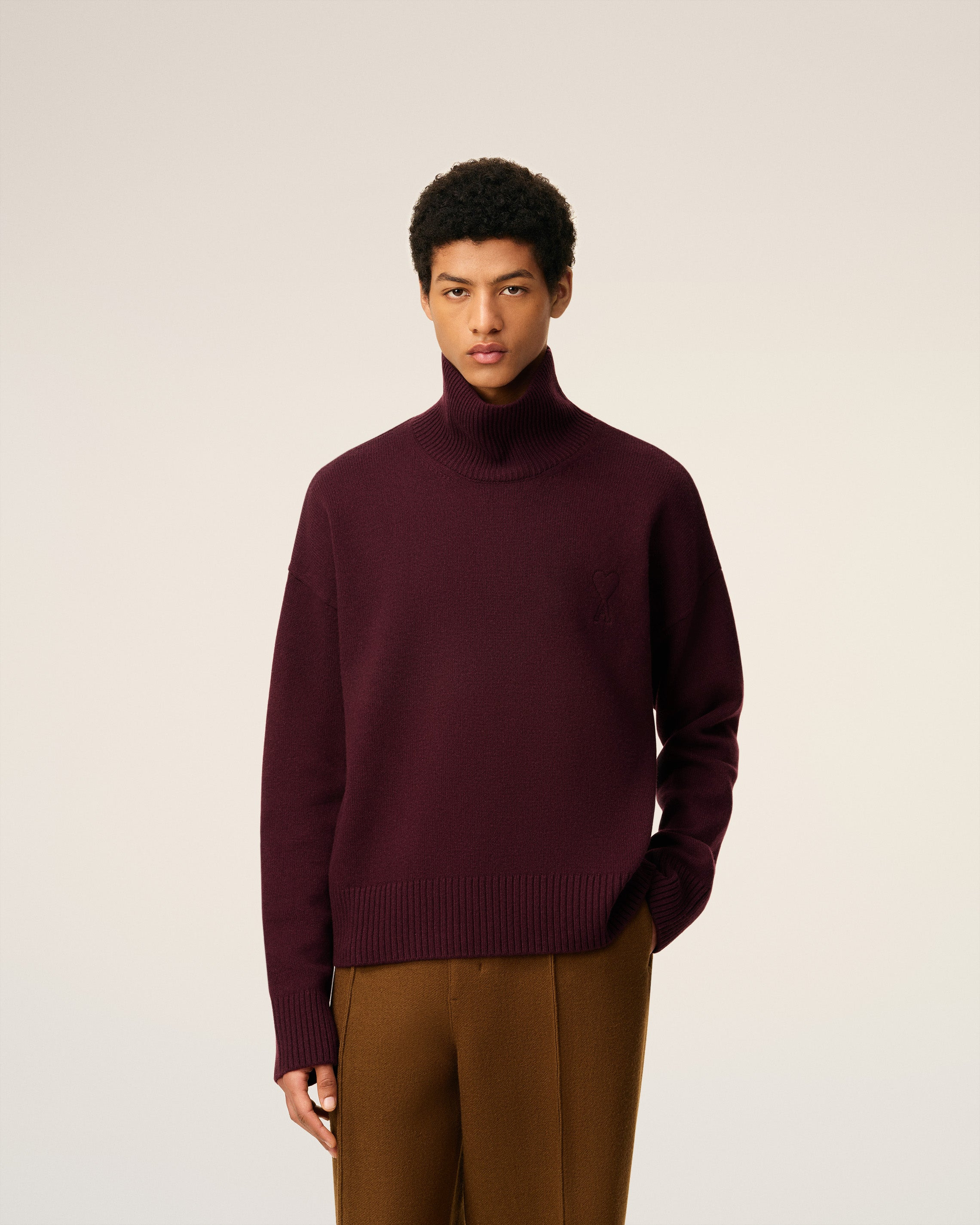 BURGUNDY WOOL AMI DE COEUR FUNNEL NECK SWEATER - 3