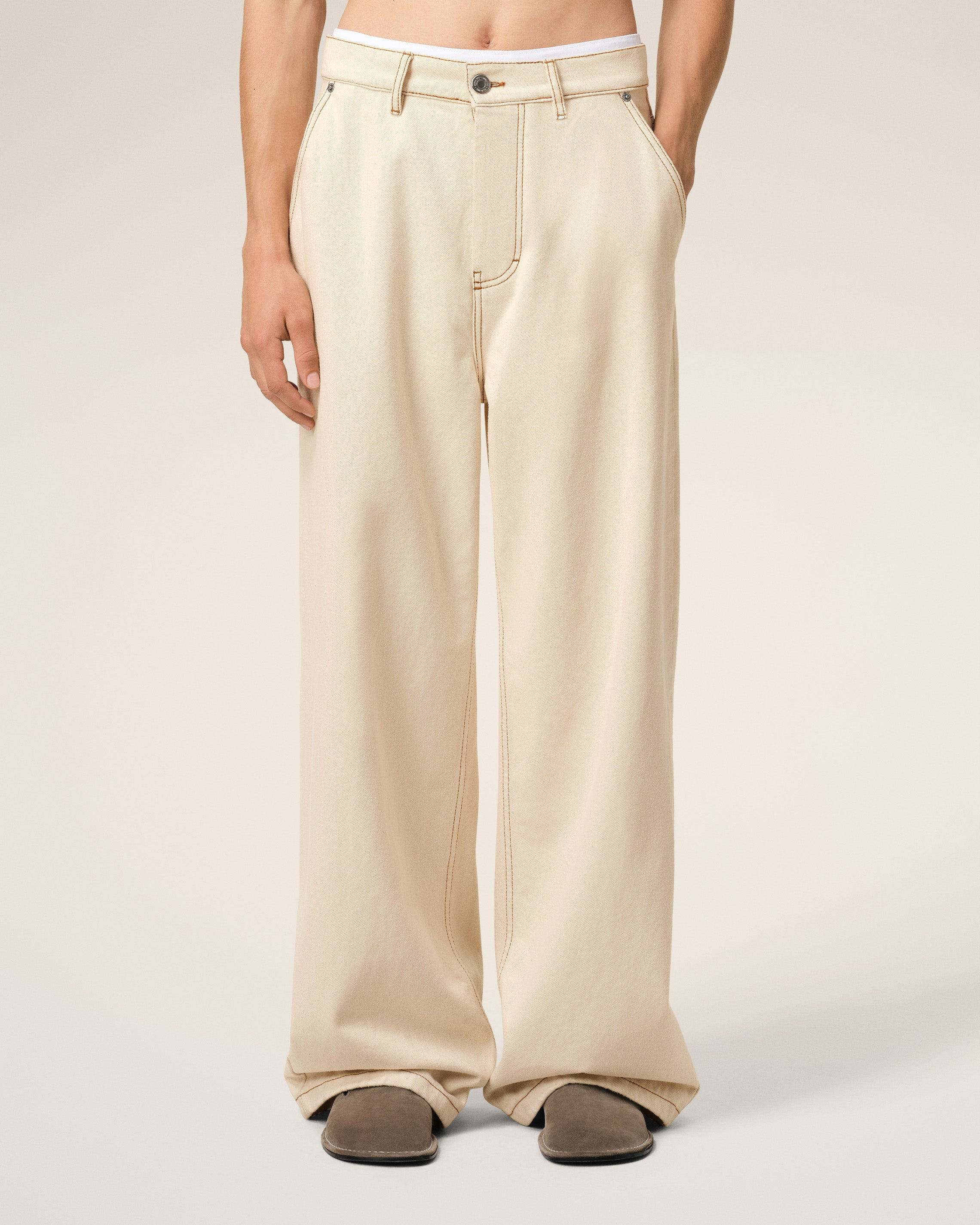 BEIGE COTTON WIDE FIT JEANS - 3