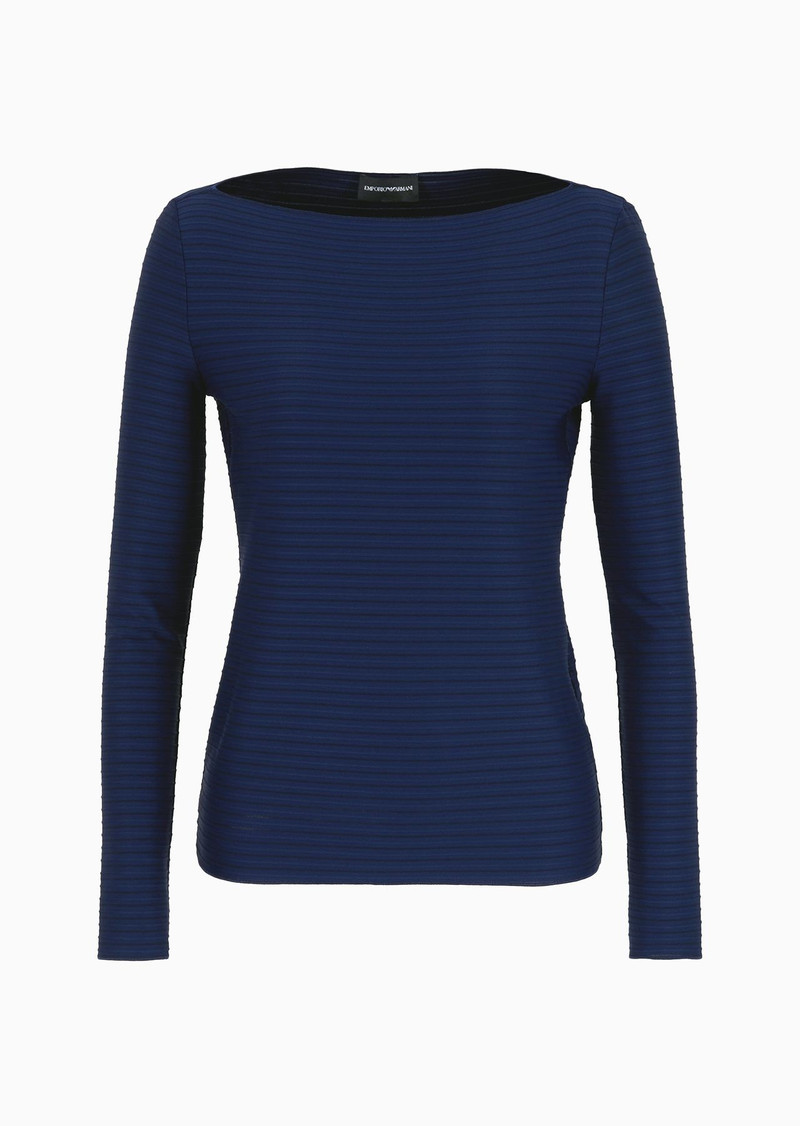 Boat-neck jumper in a jacquard fabric with embossed stripe motif 1