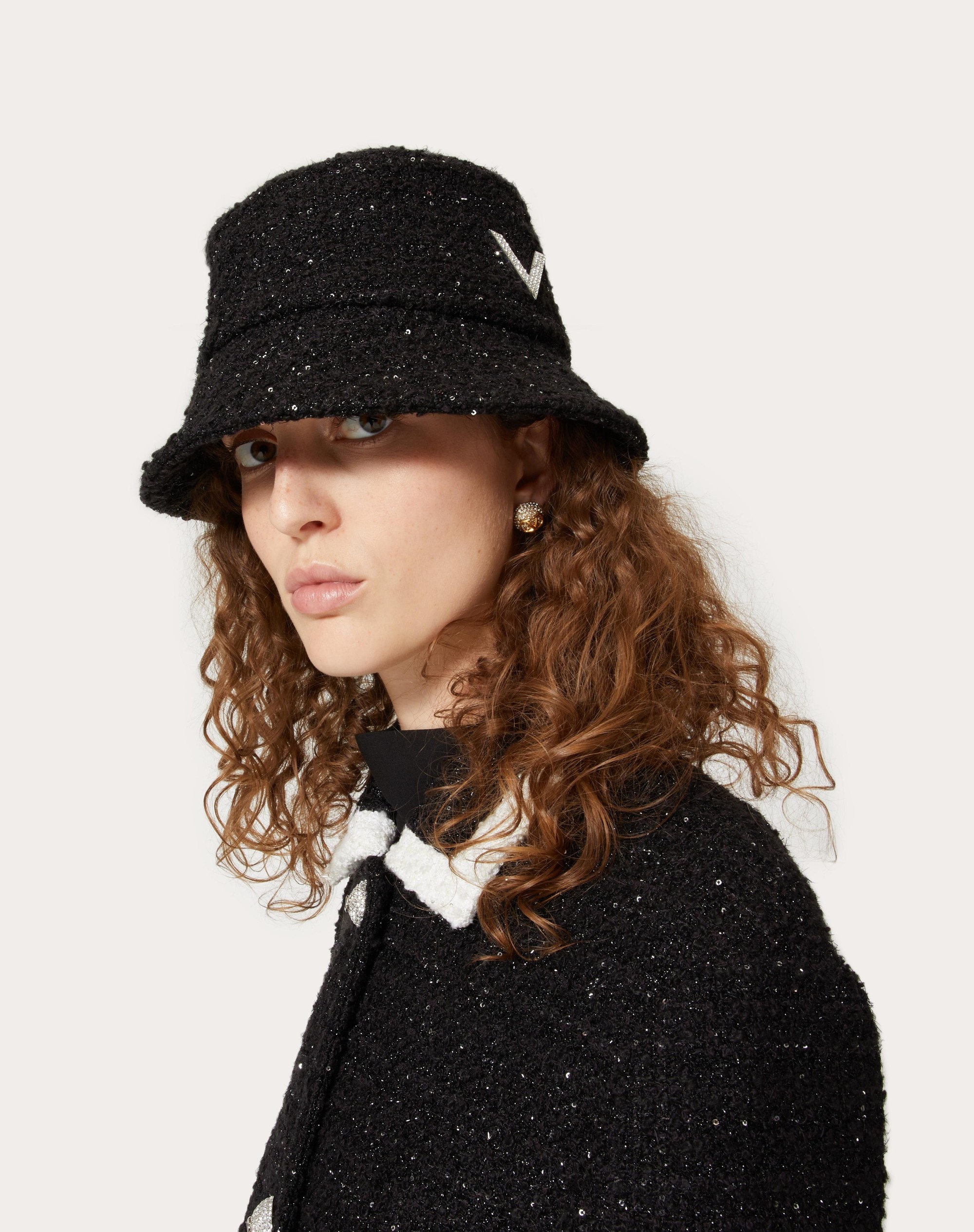 V DETAIL TWEED BUCKET HAT WITH METAL V APPLIQUÉ AND SWAROVSKI® CRYSTAL PAVÉ - 4