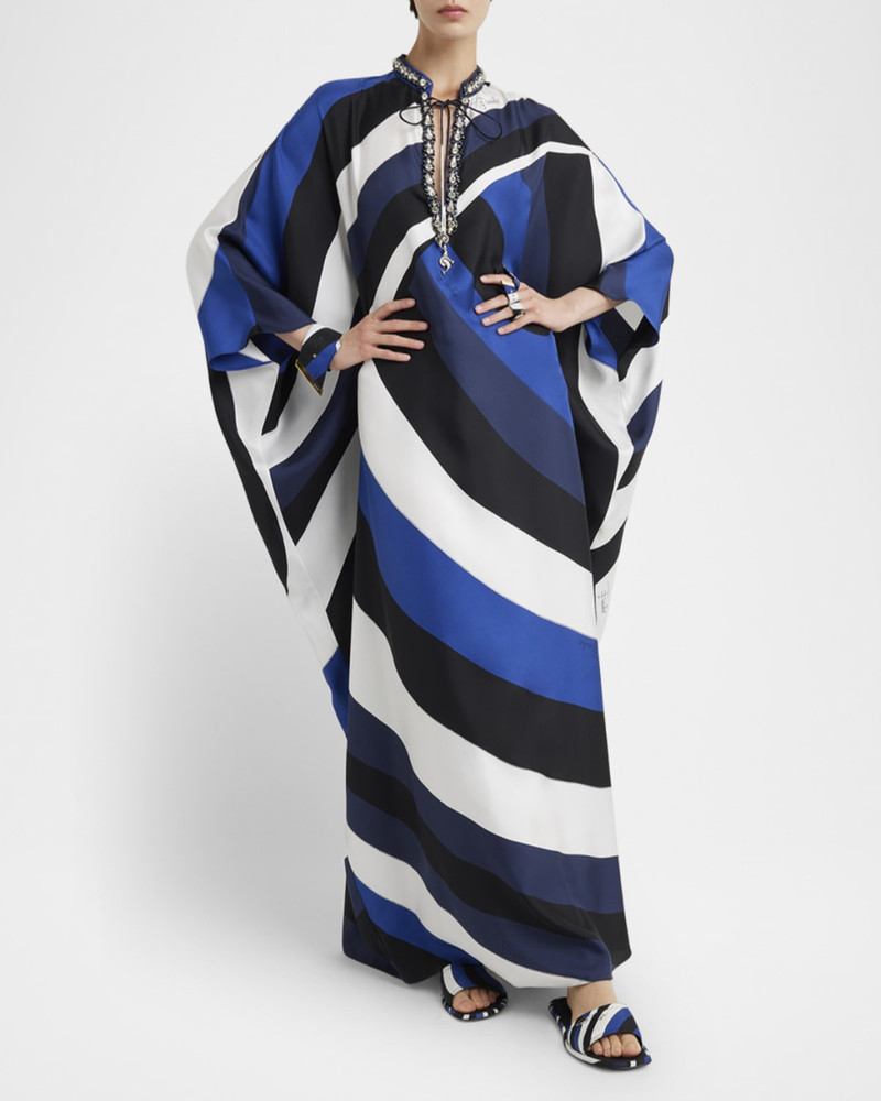 Iride-Print Crystal Neck-Tie Silk Twill Maxi Kaftan Dress 5