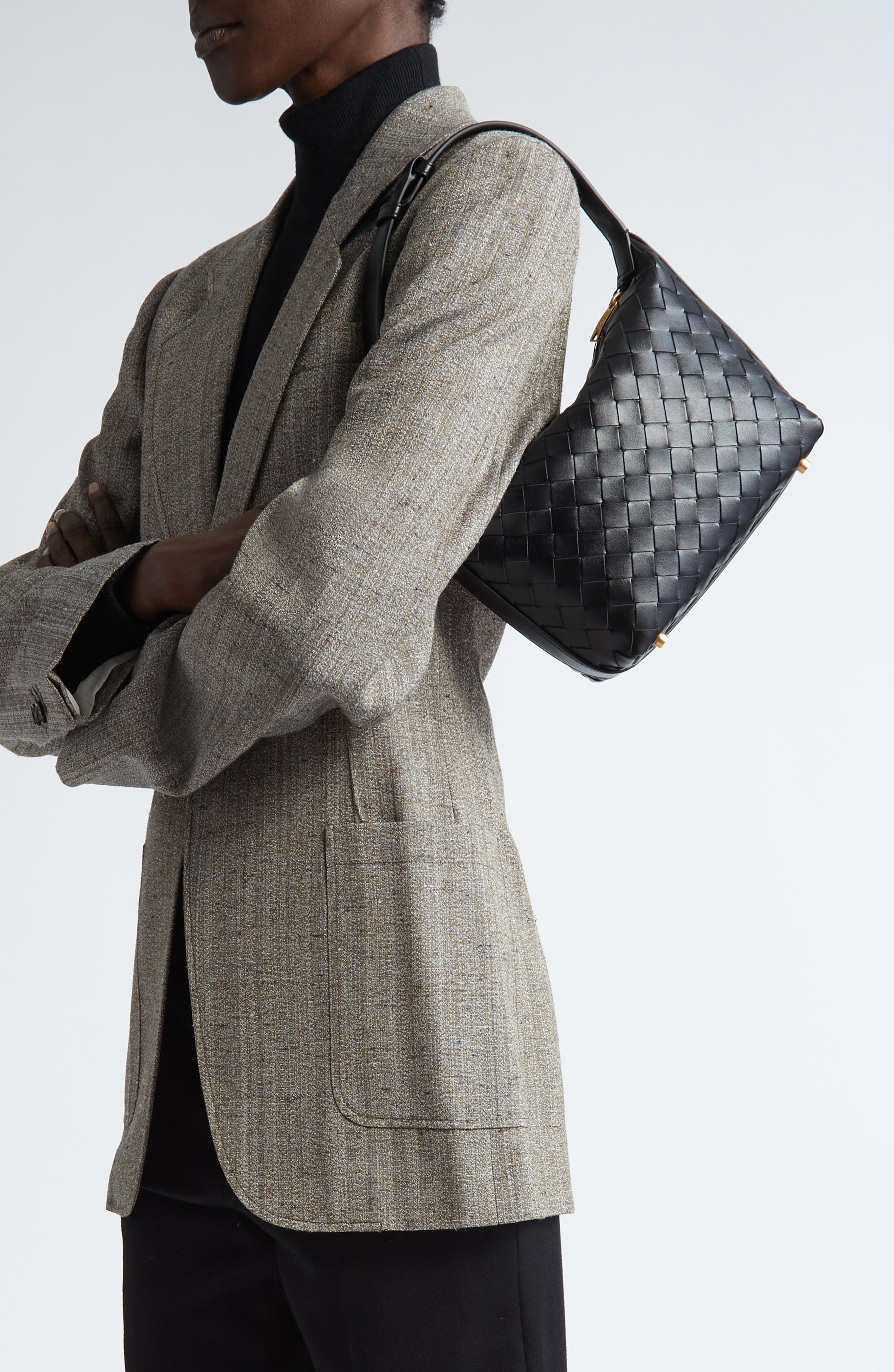 Bottega Veneta Mini Wallace Intrecciato Leather Shoulder Bag in Black/Gold at Nordstrom - 3