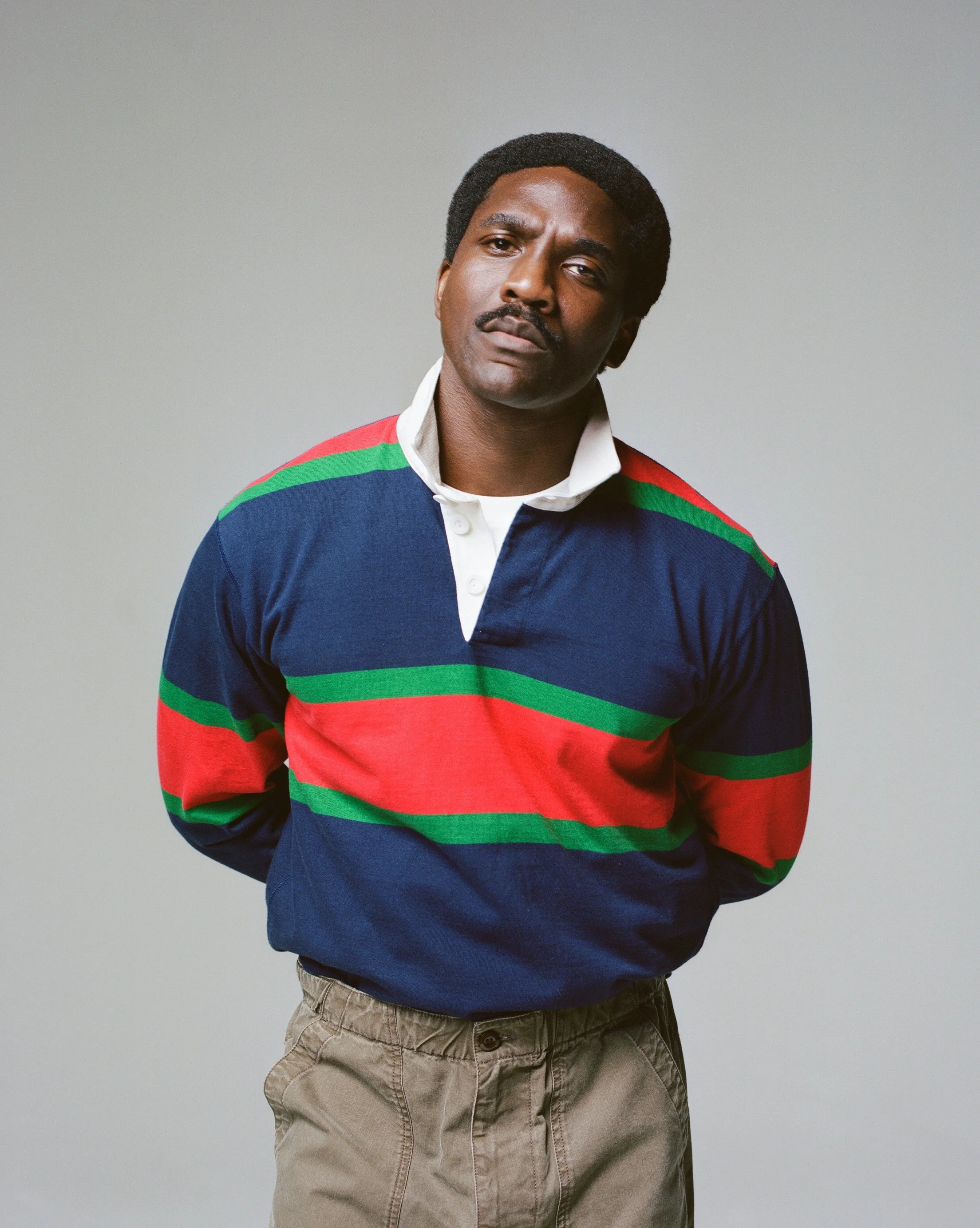 Navy, Red and Green Multi Stripe Cotton Rugby Shirt - 1