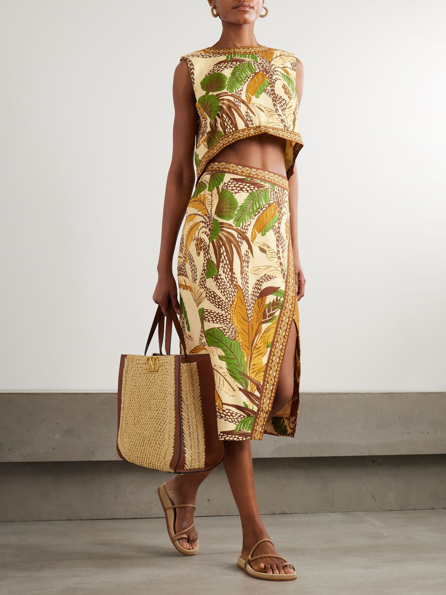 Cropped printed linen-blend top Beige - 2