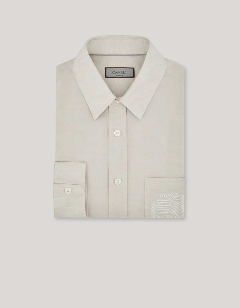 CASUAL RELAXED FIT SHIRT IN BEIGE LINEN-COTTON WITH POCKET EMBROIDERY 1