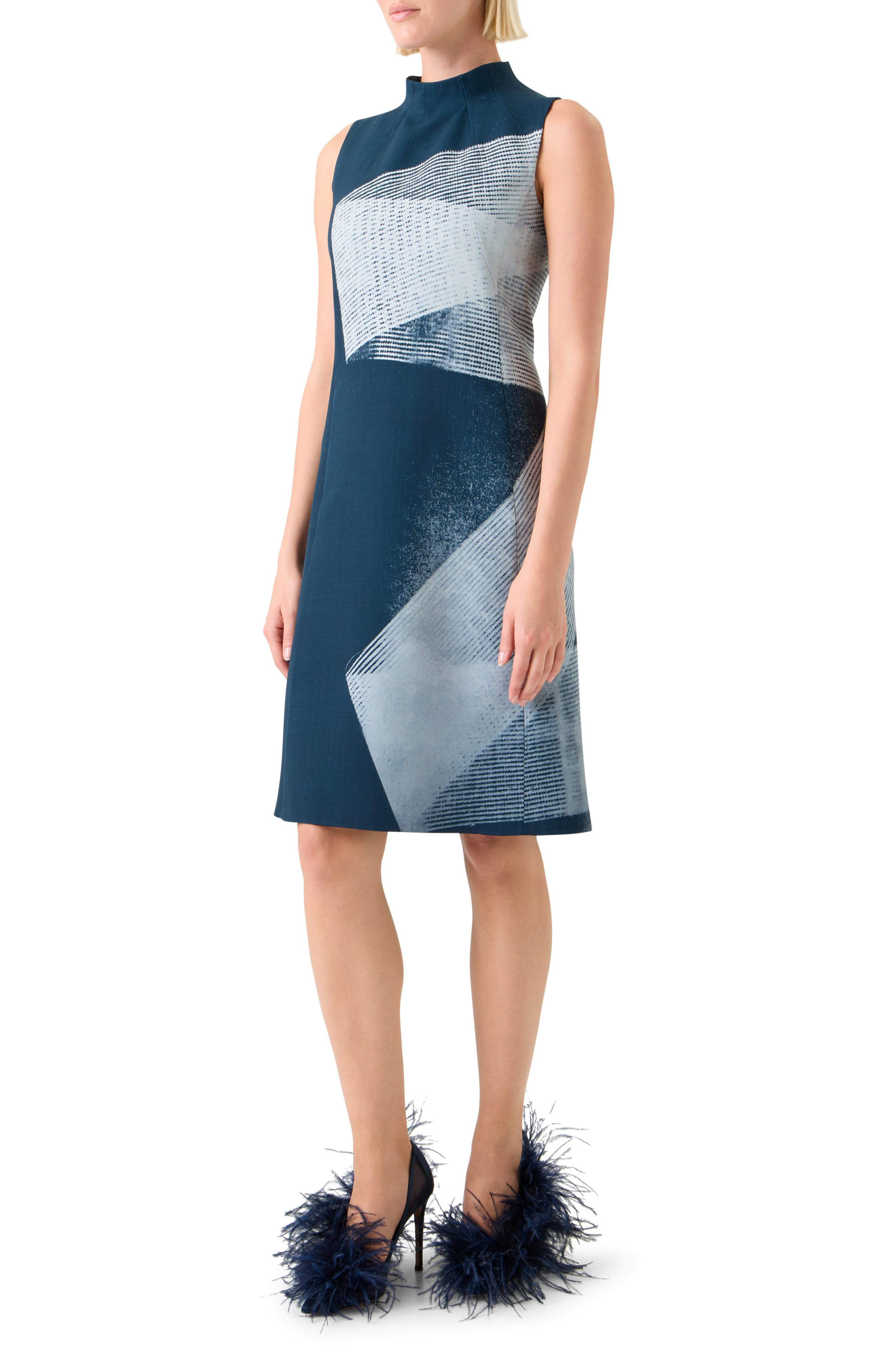 Akris Zigzag Print Silk Sheath Dress in Denim-Ecru at Nordstrom - 3