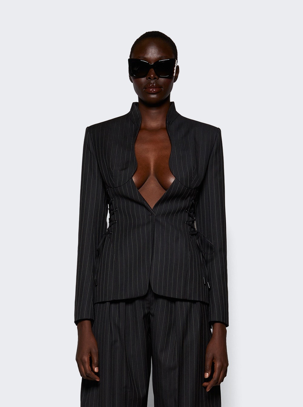 Pinstripe Scultural Laced Jacket Black On Grey - 3