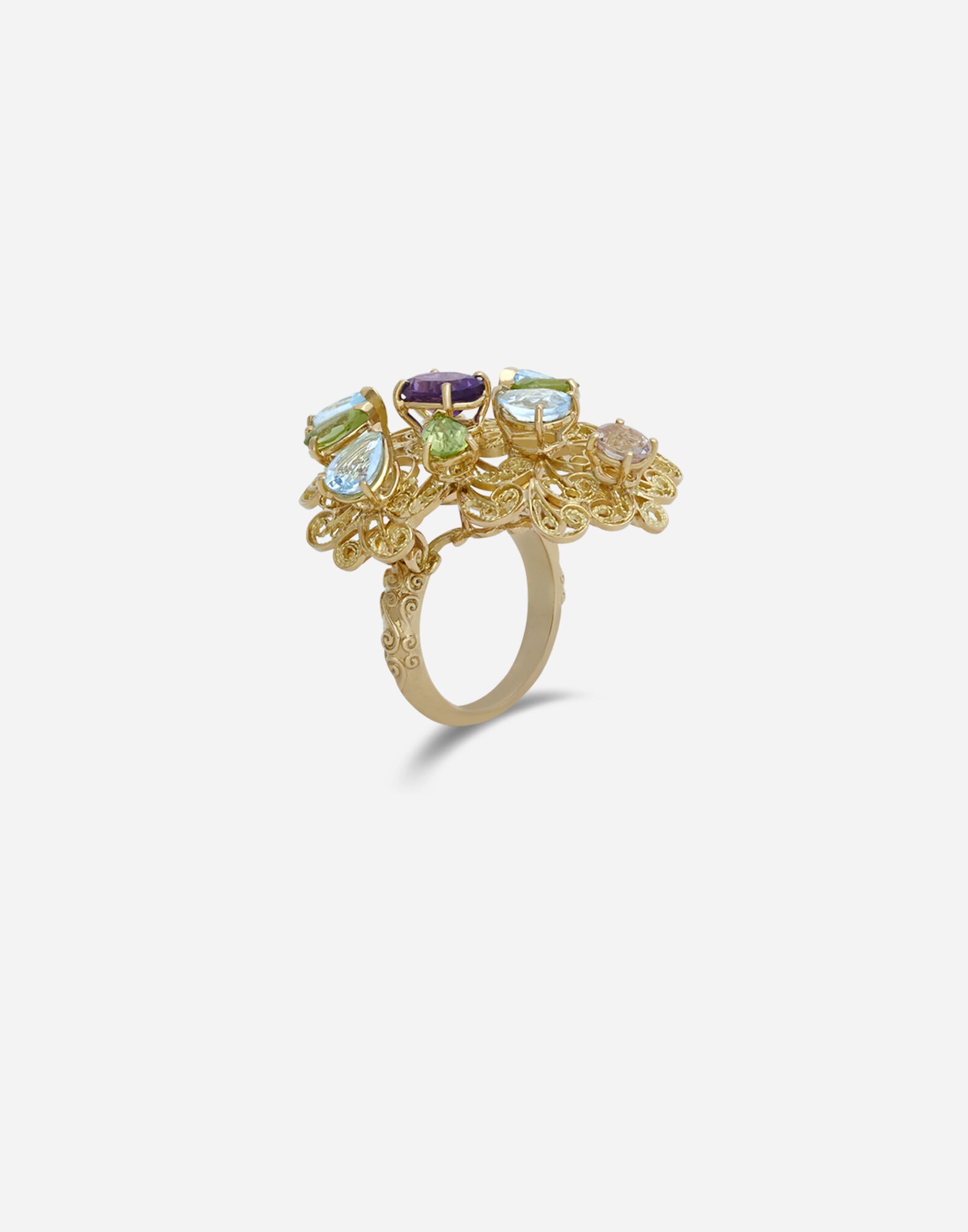 Pizzo ring in yellow gold filgree with amethyst, aquamarines, peridots and morganite - 2