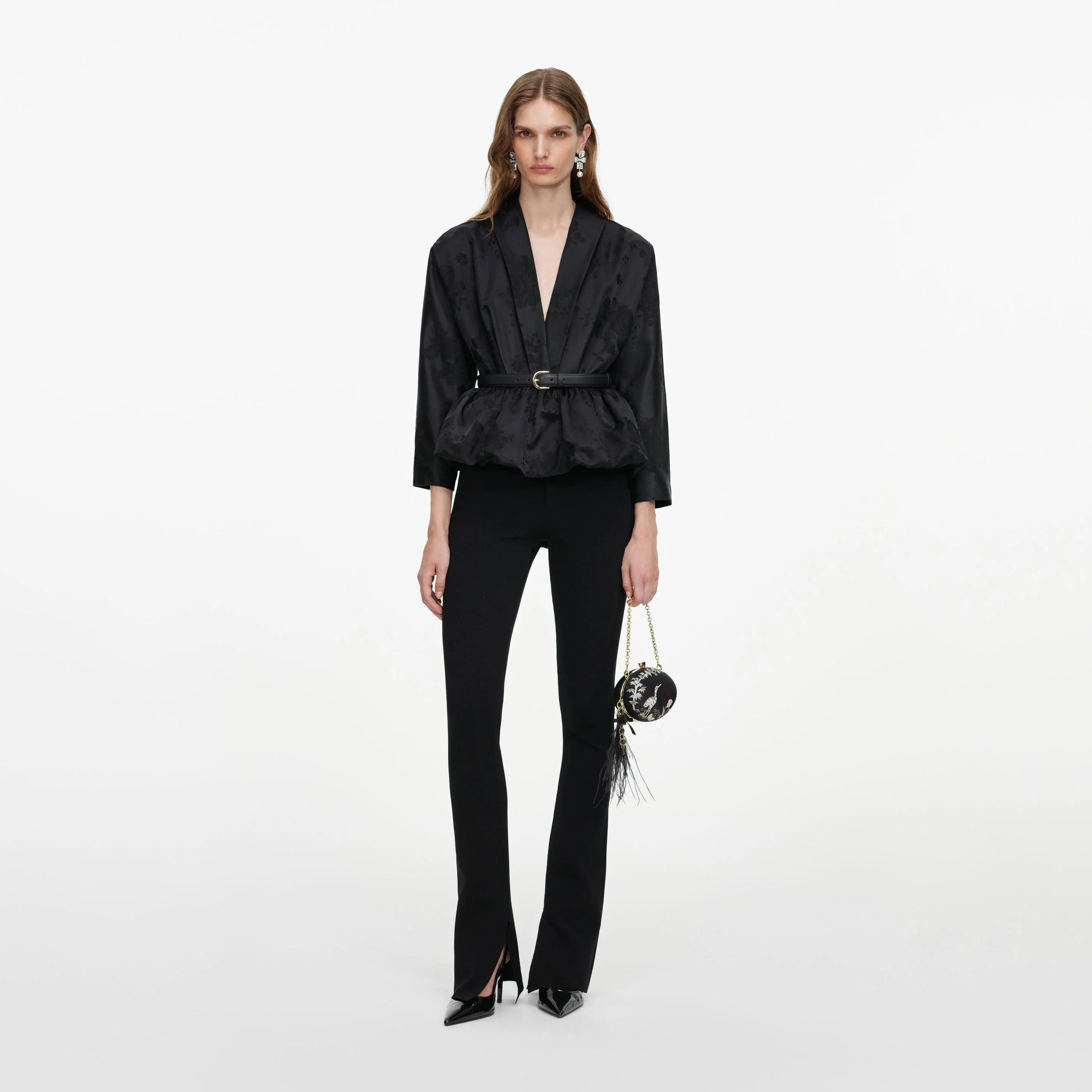 Black Jacquard Peplum Top - 1