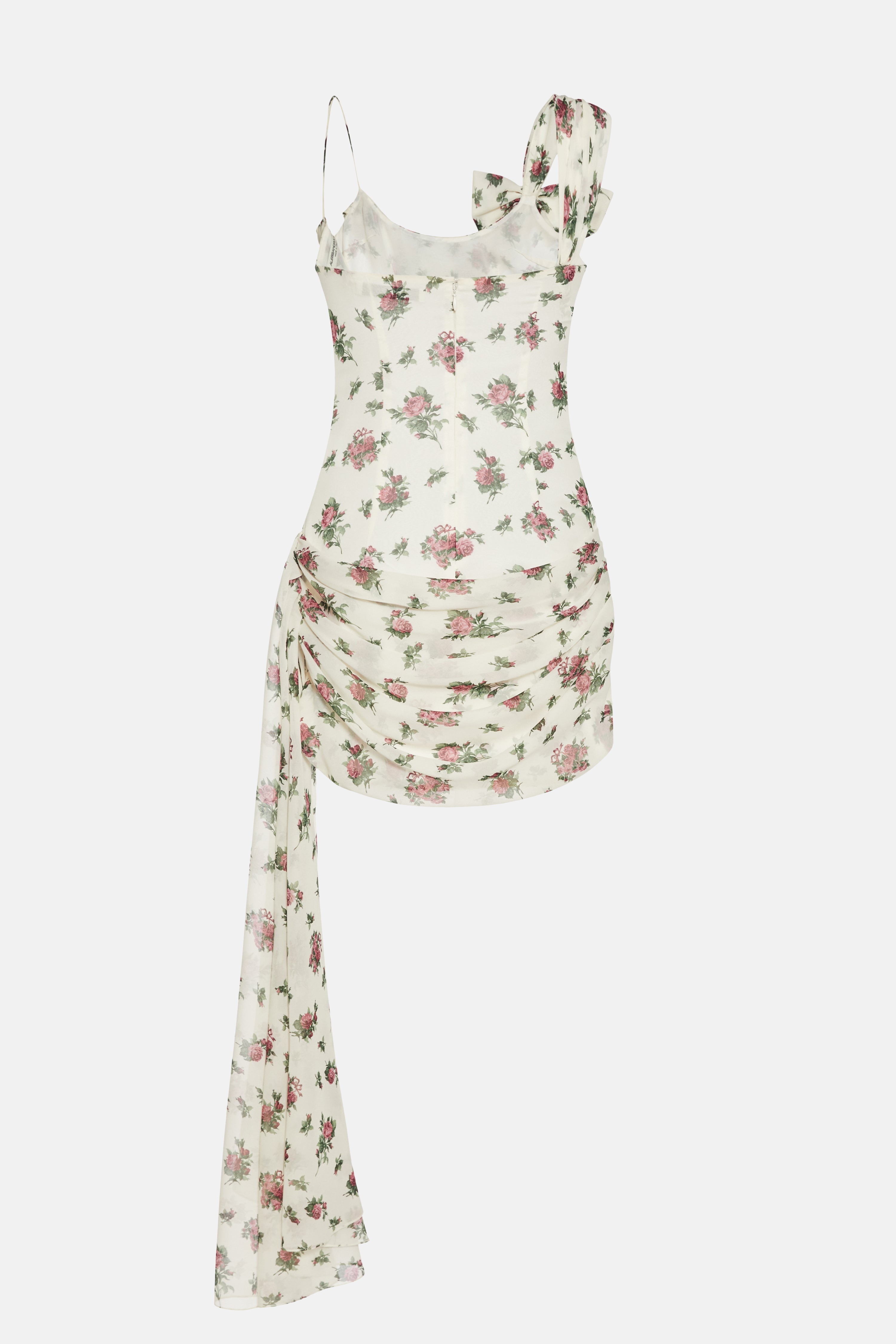 ROSE PRINT SILK GEORGETTE DRAPED MINI DRESS W/ BOW - 2