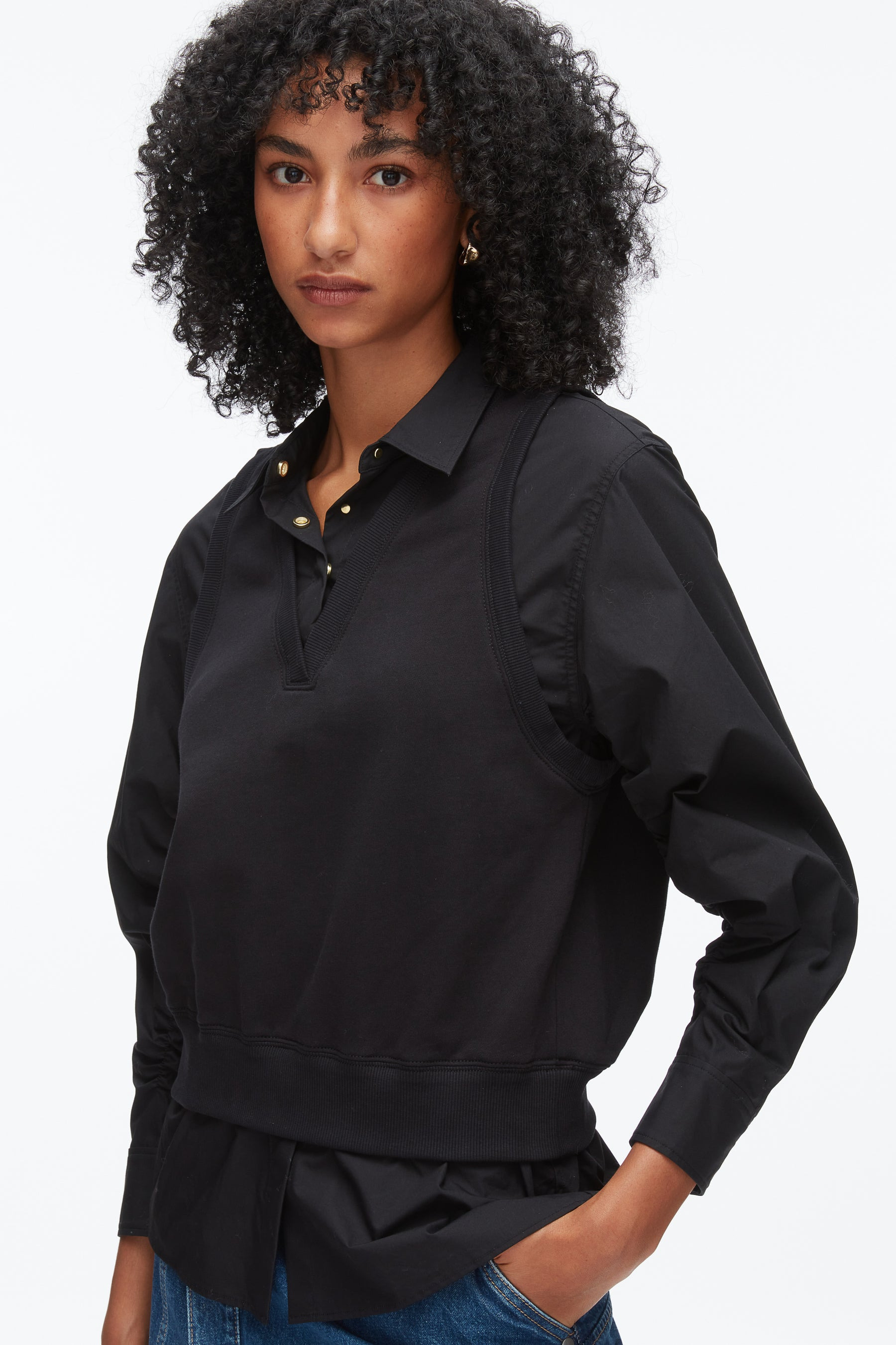 Layered Vest Ruched Sleeve Shirt - 6