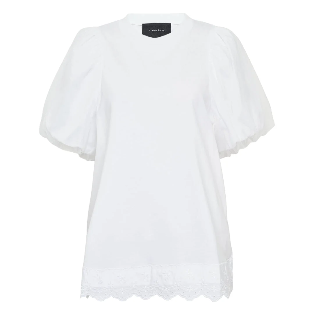 Tulle Overlay Puff Sleeve Lace Tee - 1