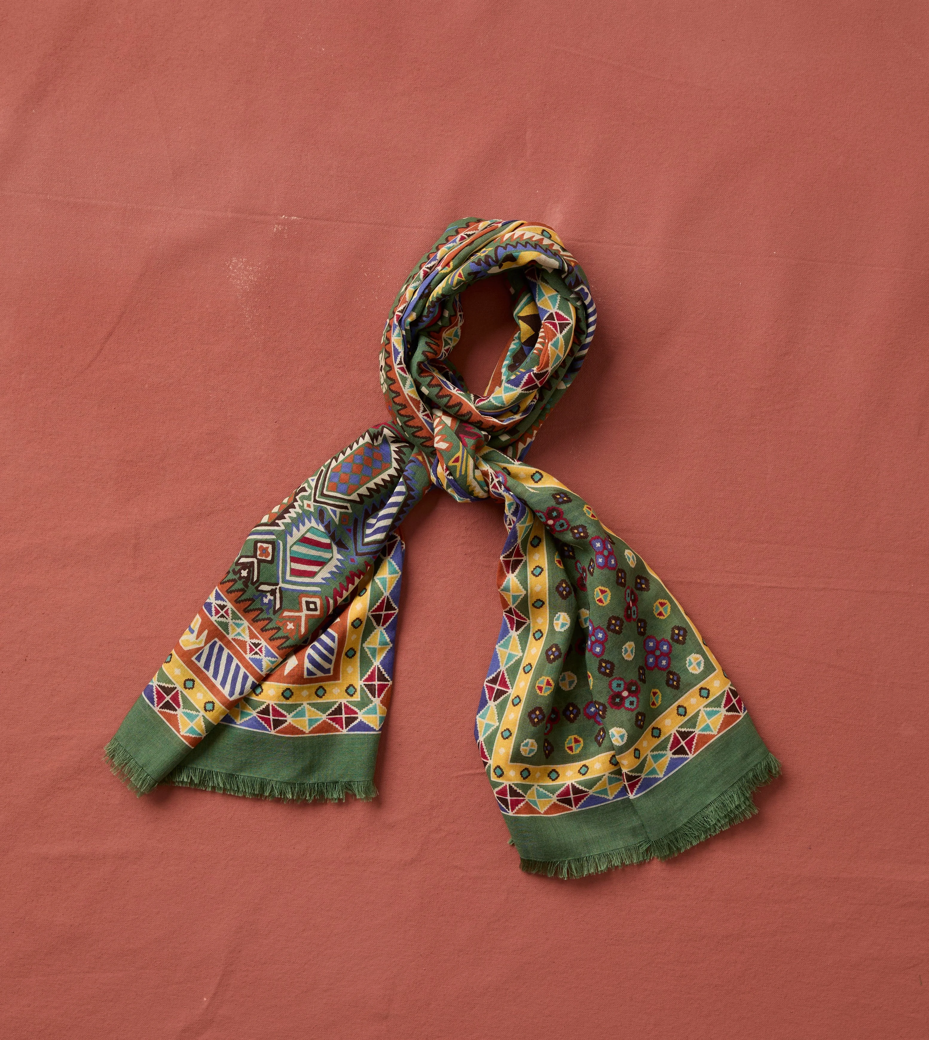Olive Rug Print Tubular Wool-Silk Scarf - 1