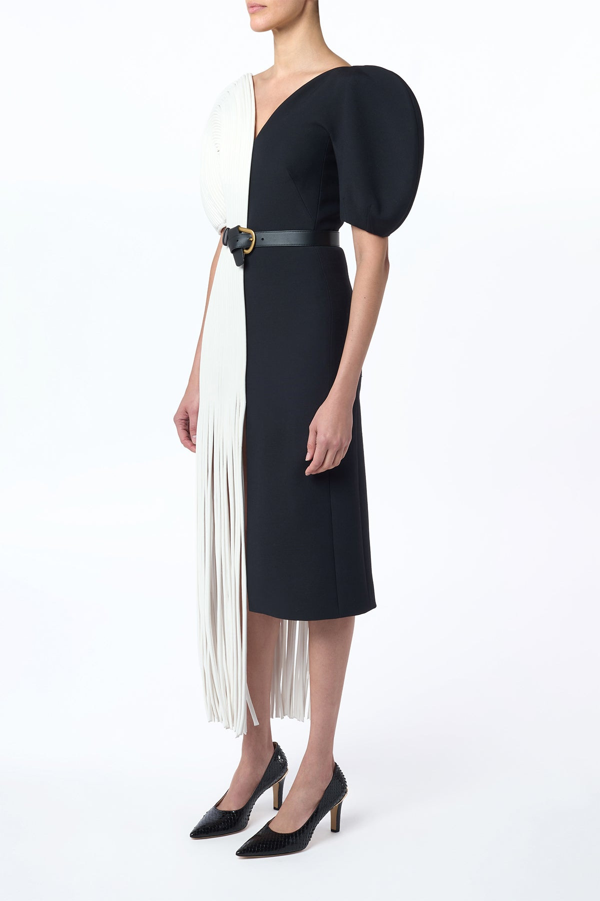 Lysander Fringe Midi Dress in Ivory Nappa Leather & Black Wool Silk Cady - 5