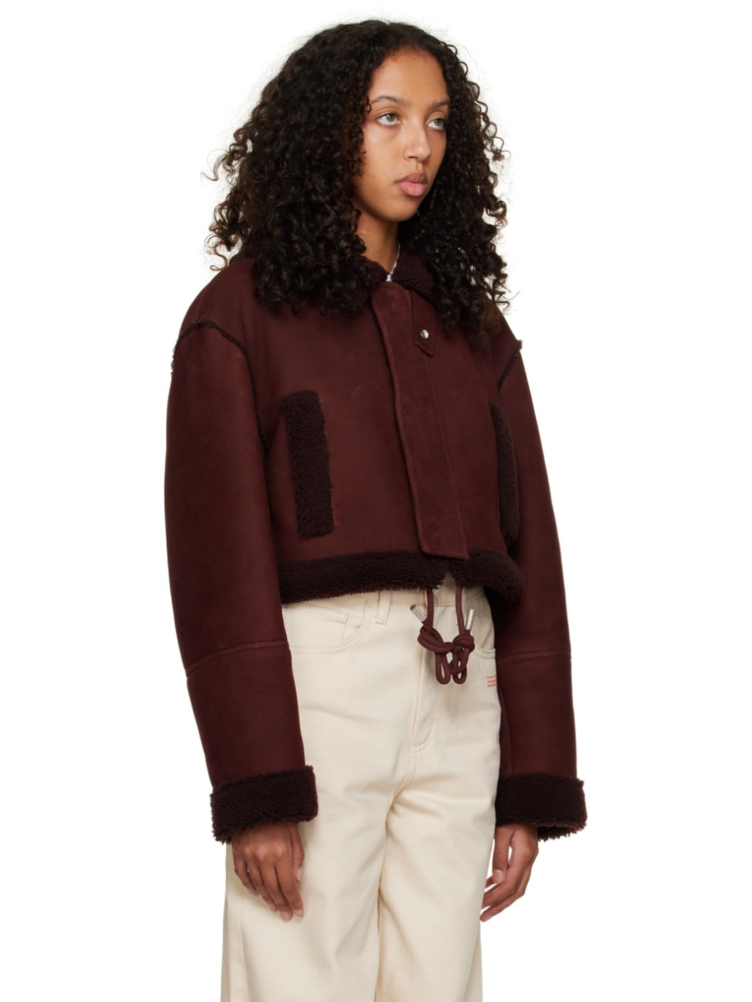 Burgundy Cropped Shearling Jacket - 2
