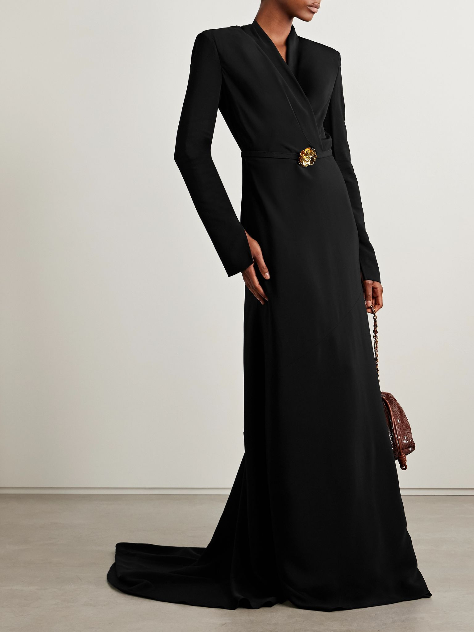 Wrap-effect embellished belted crepe gown Black - 2