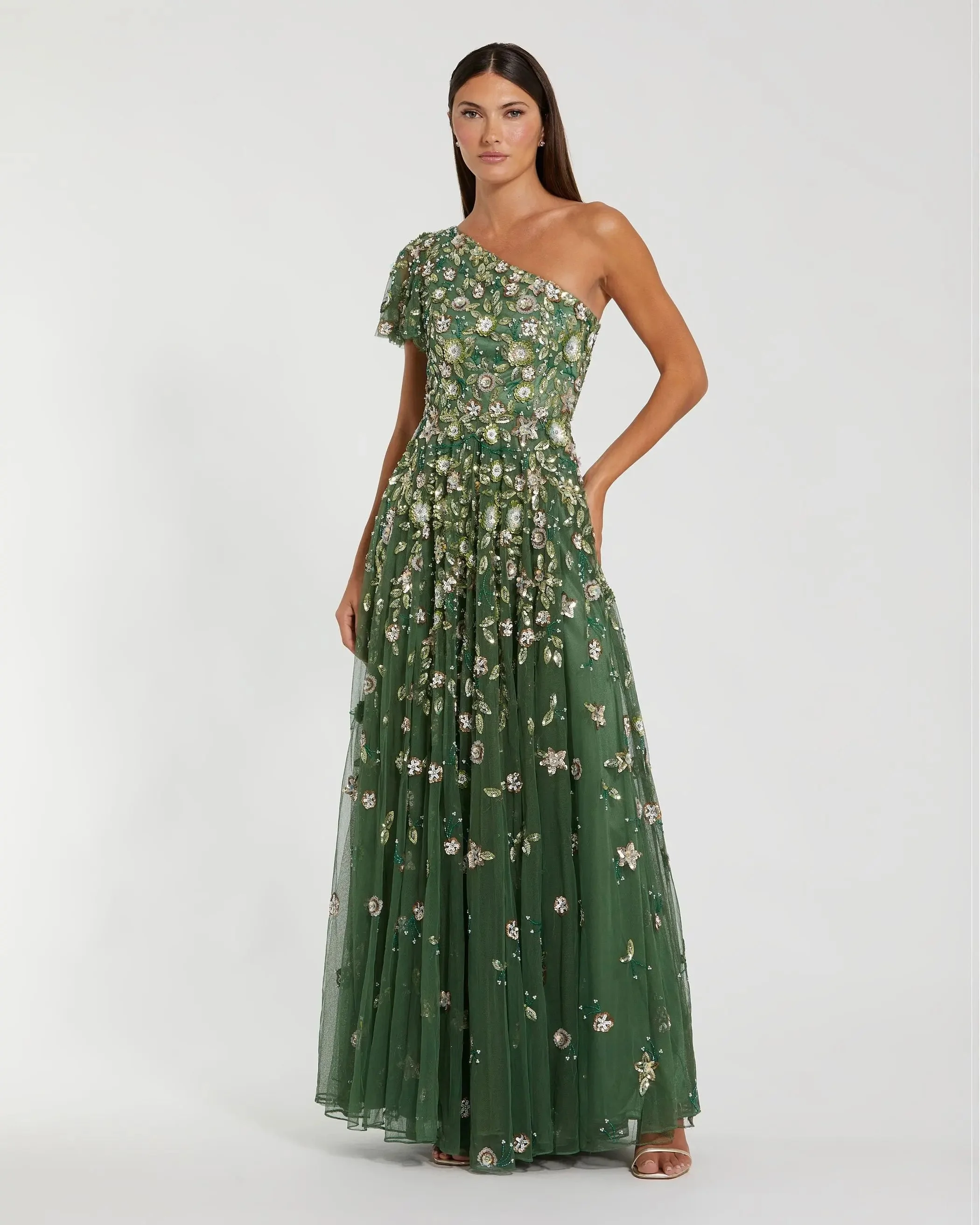 Green One Shoulder Embellished A Line Gown - 1