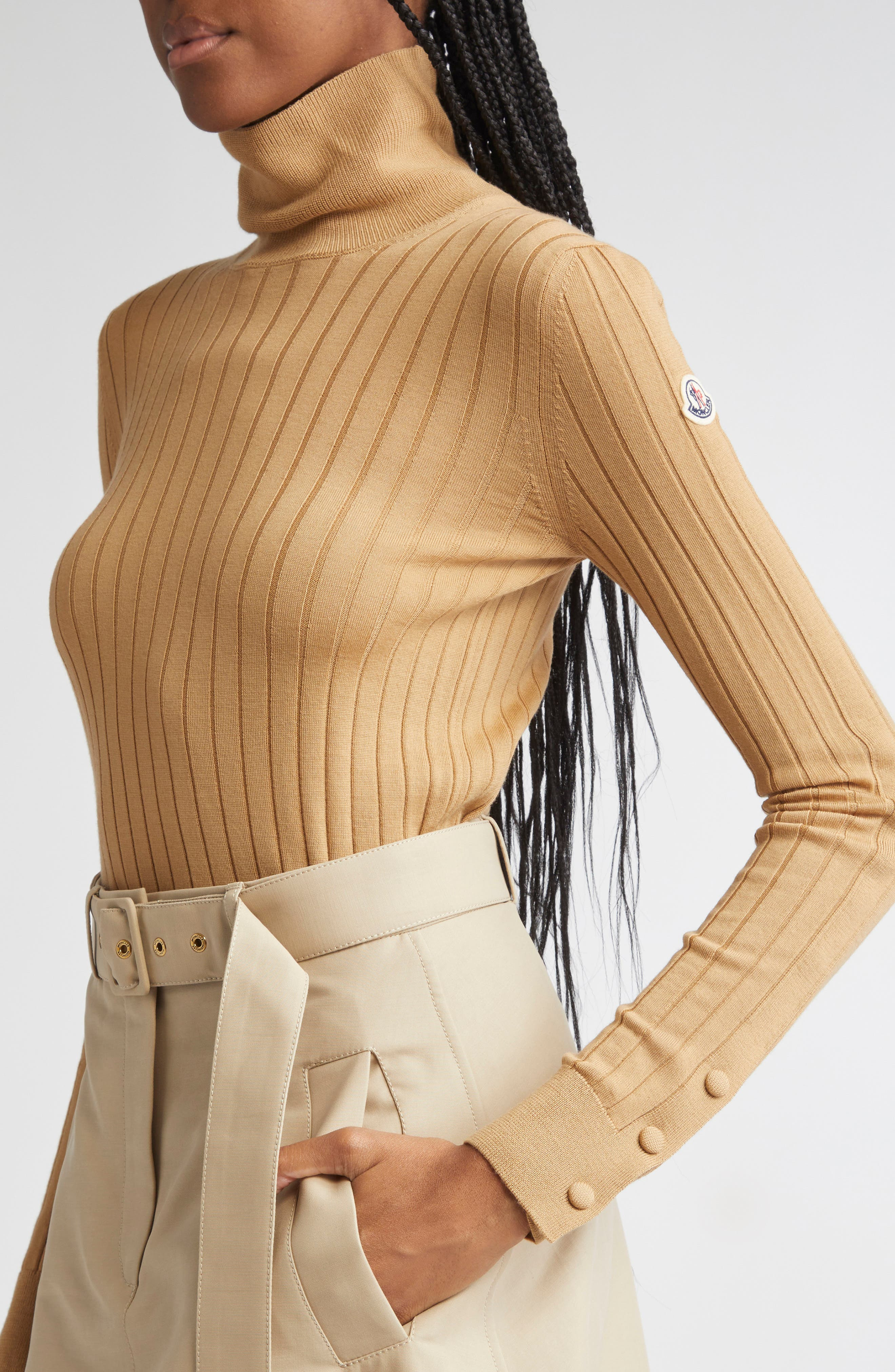 Moncler Virgin Wool & Cashmere Rib Turtleneck Sweater in Warm Beige at Nordstrom - 5