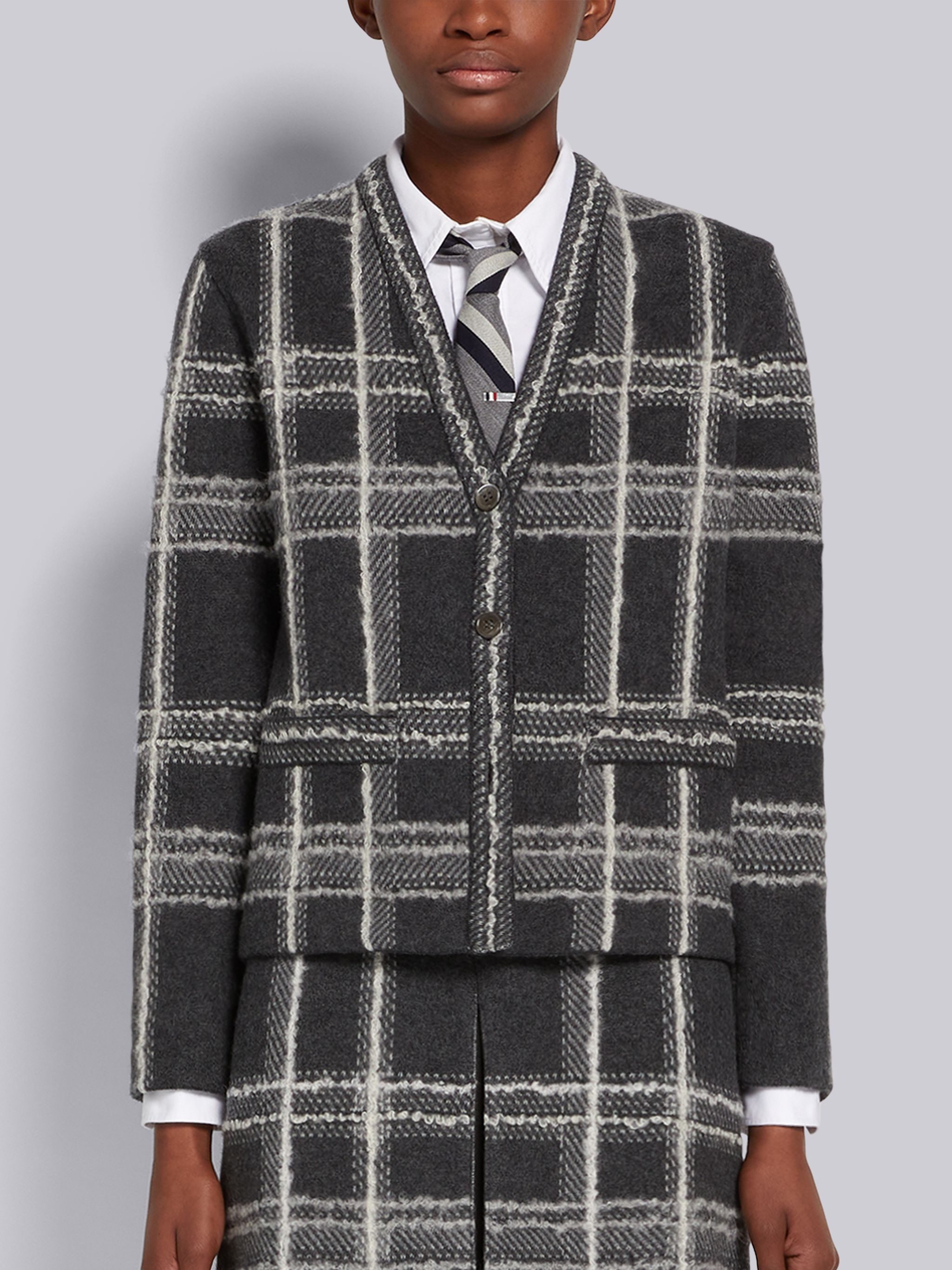 Dark Grey Hairline Madras Check Jacquard Boiled Wool Back Inlay V-Neck Cardigan - 1