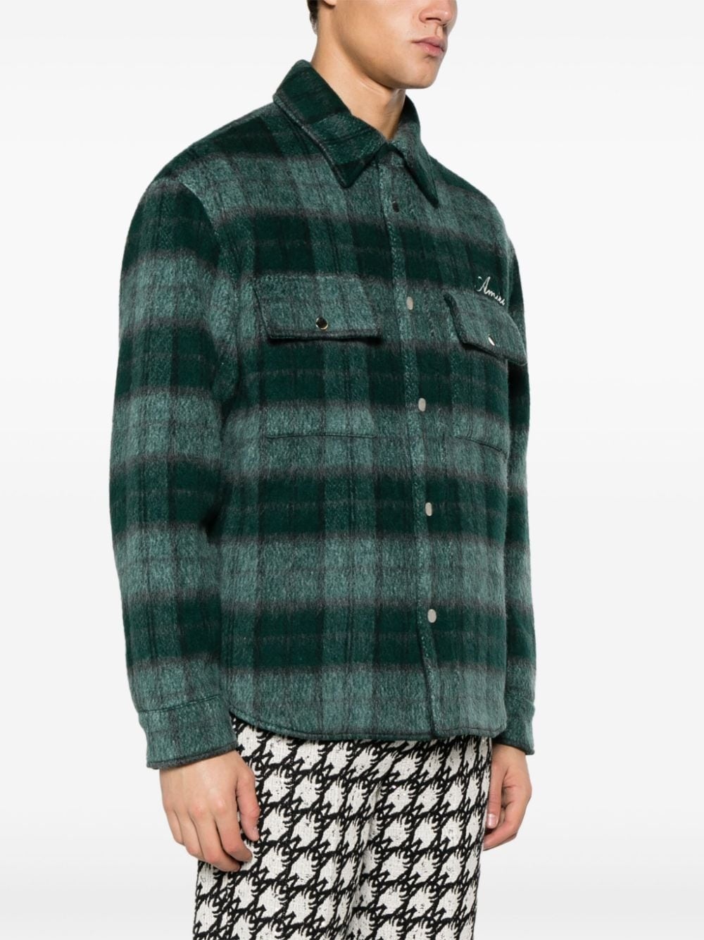 embroidered-logo plaid-patterned shirt jacket - 3