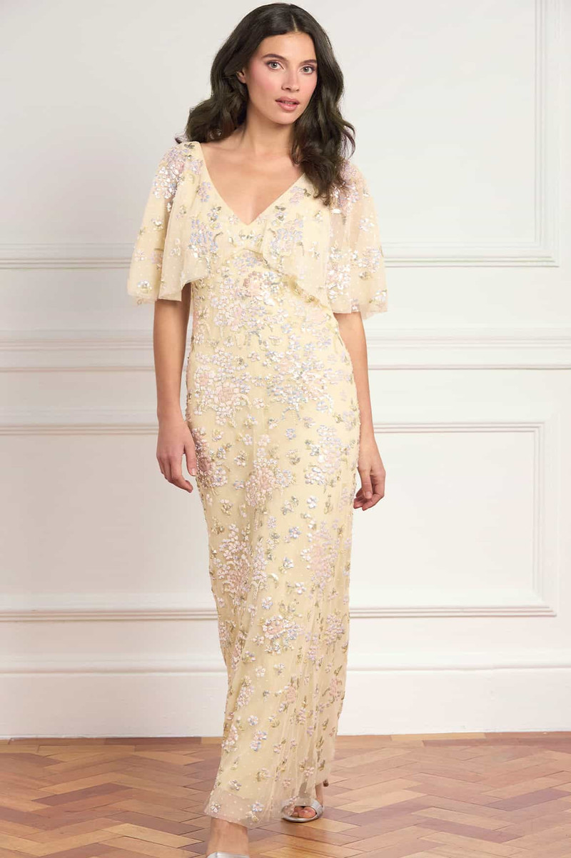 Needle & Thread Peony Bouquet Sequin V-Neck Cape Gown outlook