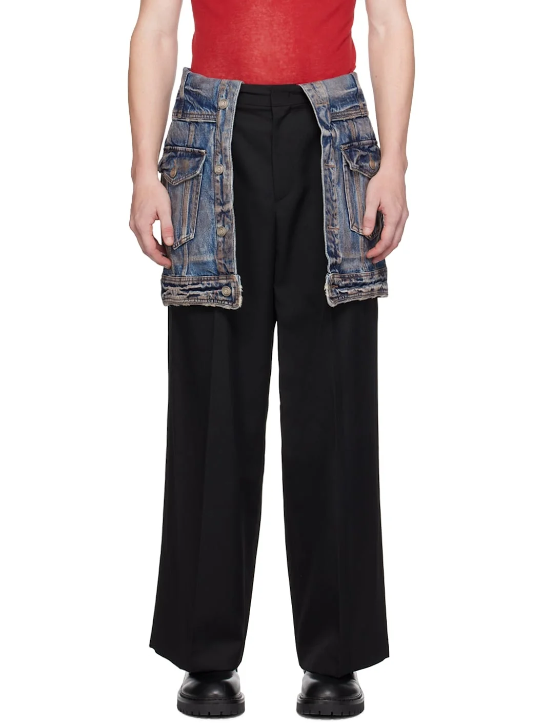 Black Denim Skirt Layered Trousers - 1