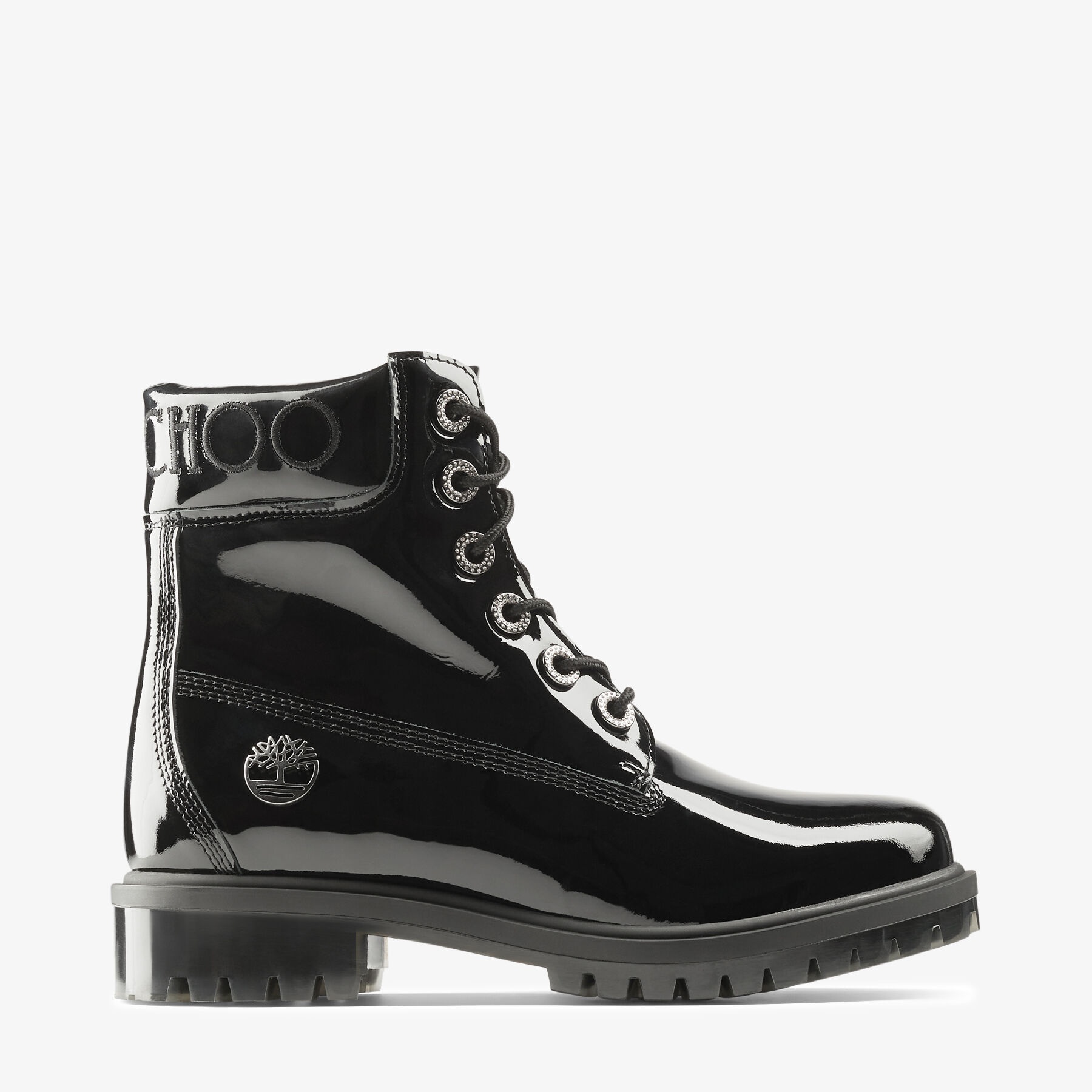 JIMMY CHOO X TIMBERLAND PATENT LEATHER HARNESS BOOT
Black Timberland Patent Knee High Boots with Det - 1