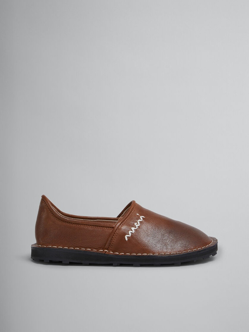BROWN LEATHER SLIP-ON LOAFER WITH MARNI SYMBOL 1