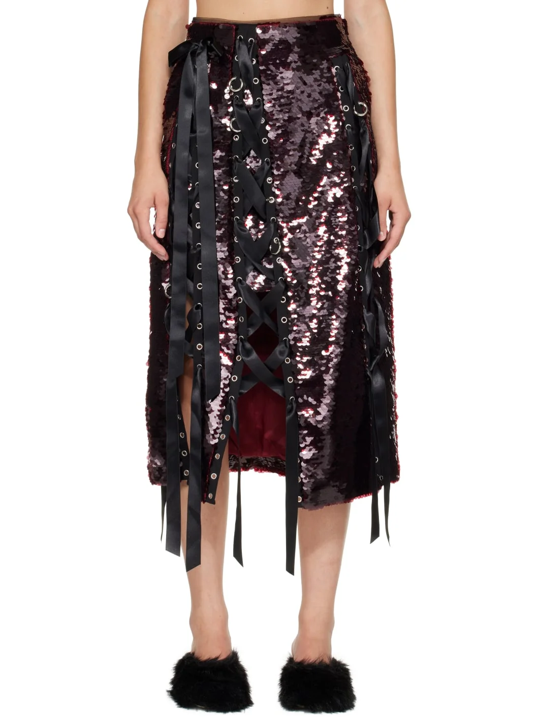 Burgundy Unraveling Ribbon Ring Midi Skirt - 1