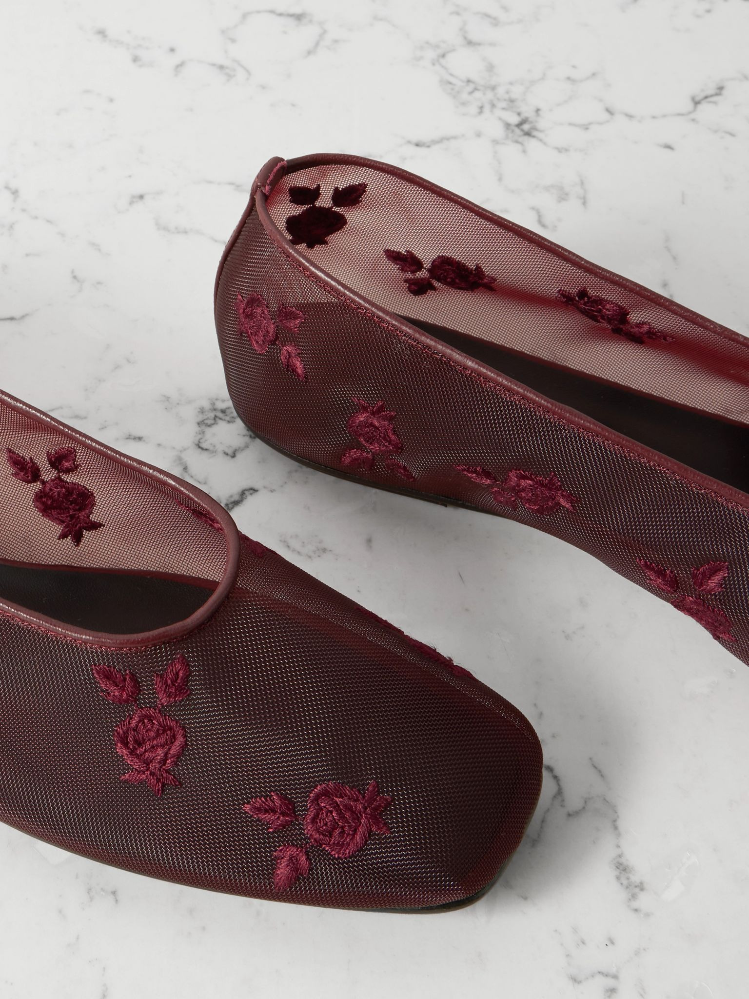 Leather-trimmed embroidered mesh ballet flats Burgundy - 4