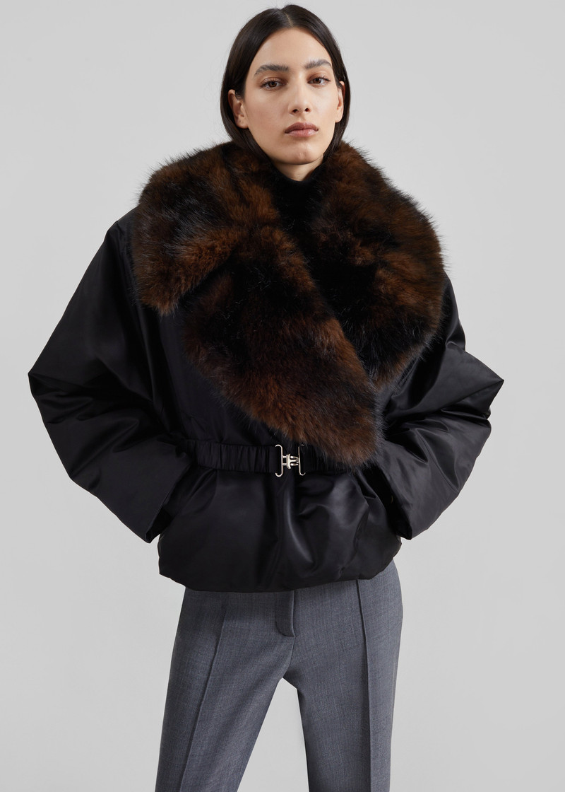 Ariella Faux Fur Notch Collar Puffer Jacket - Black/Brown 5
