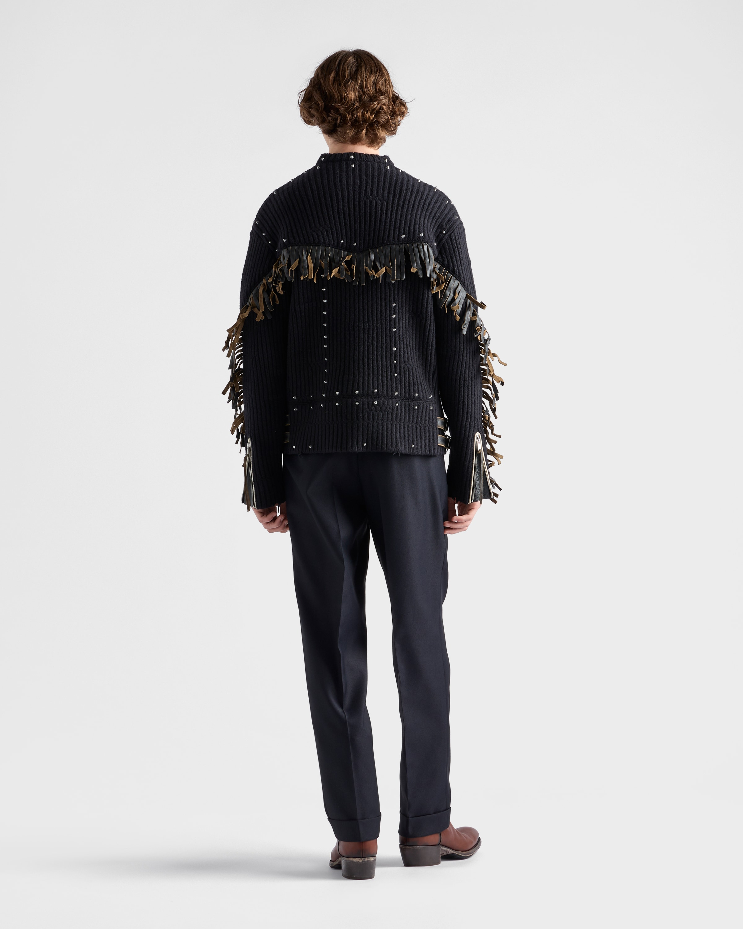 Wool crew-neck sweater with fringe and studs - 5