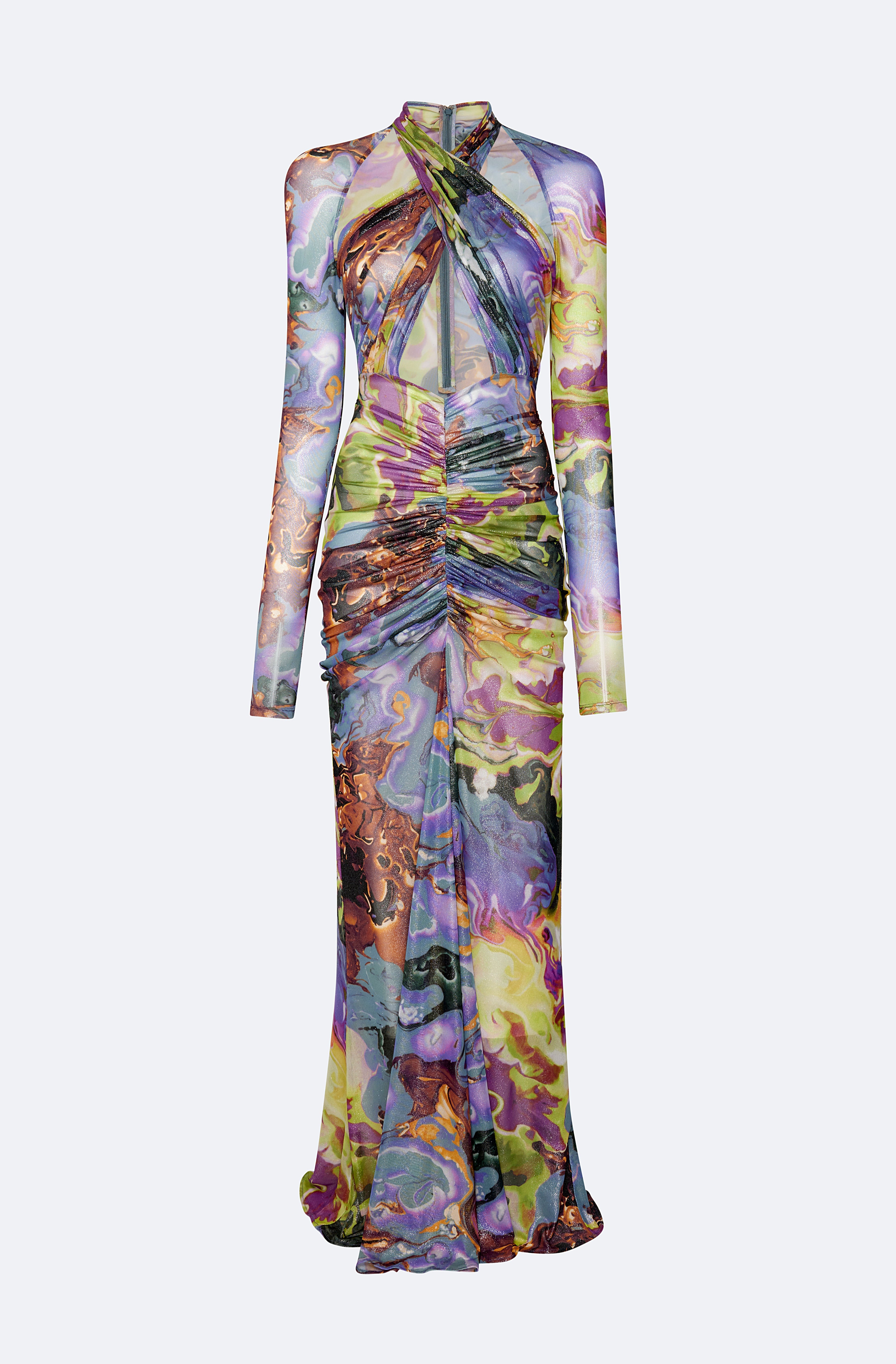 Printed Mesh Halter Ruched Gown - 3