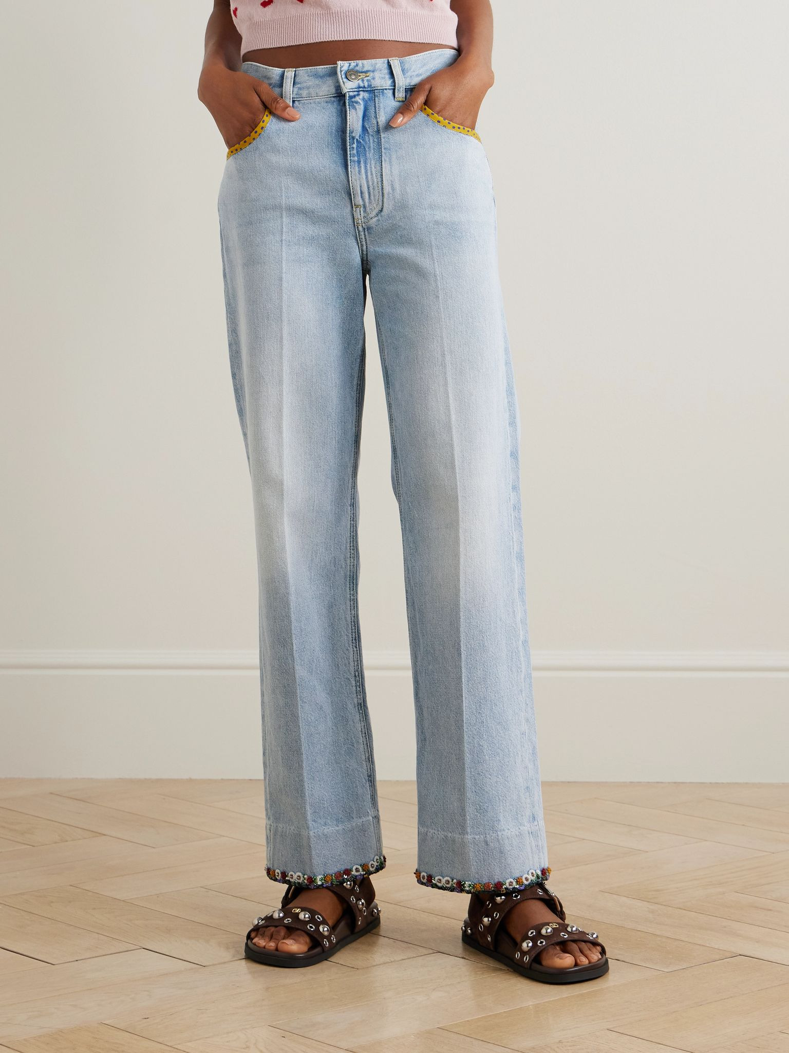 Embellished printed chiffon-trimmed mid-rise straight-leg jeans Light denim - 3