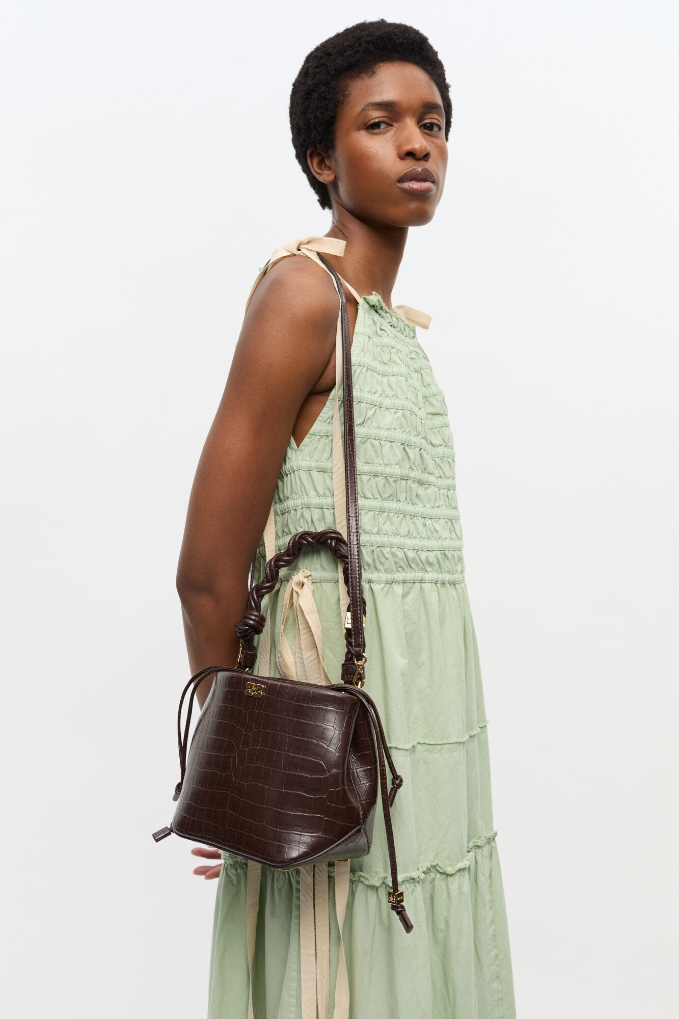BROWN CROCO GANNI BOU BUCKET BAG - 5
