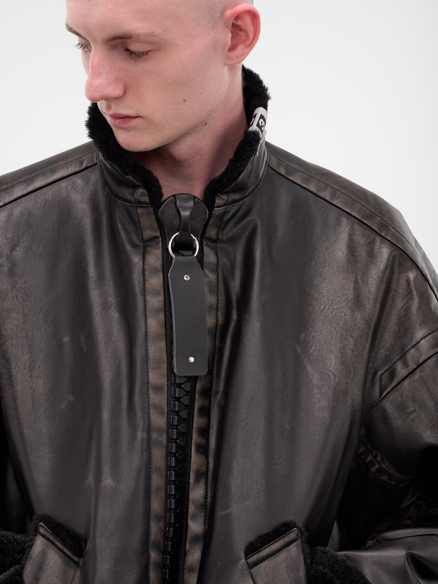 Black Oversized Leather Shearling Jacket - 5