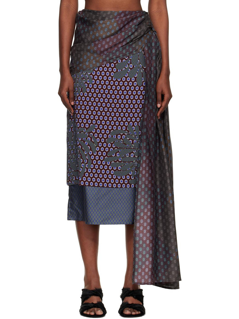 Burgundy & Green Layered Tie Motif Midi Skirt 1