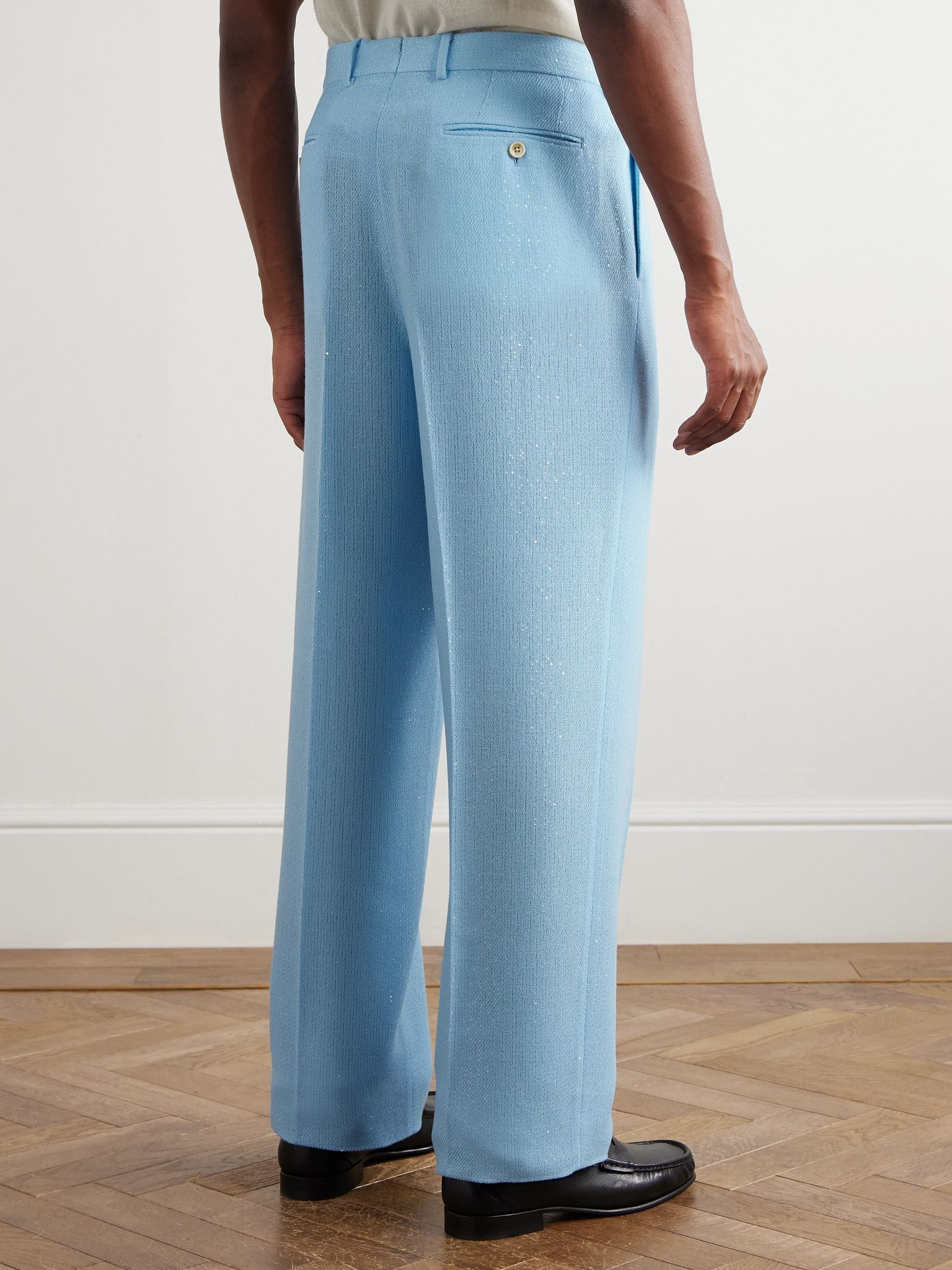 Straight-Leg Pleated Sequin-Embellished Wool-Blend Suit Trousers Light blue - 4