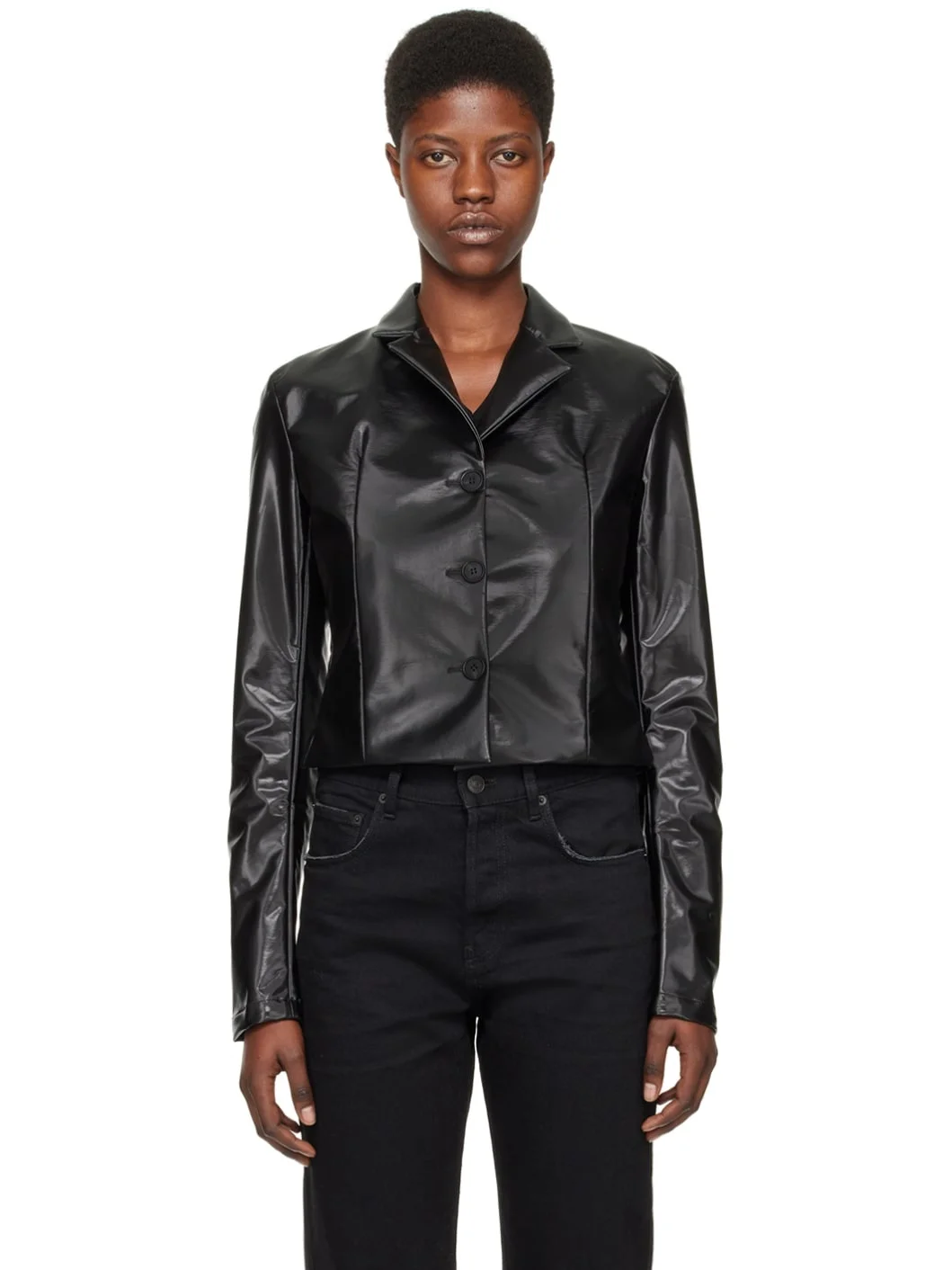 Black Trapeze Faux-Leather Blazer - 1