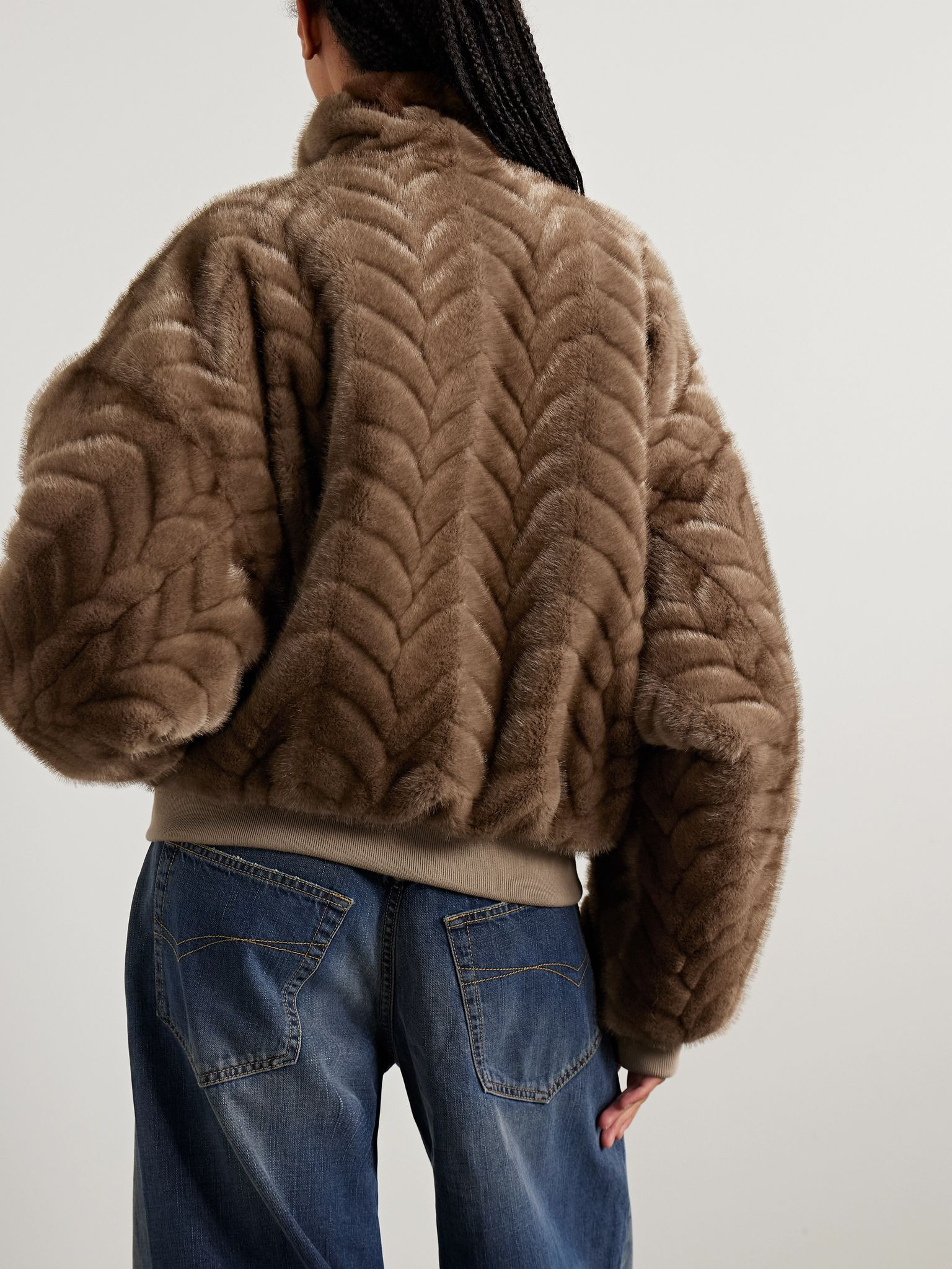Embossed fleece bomber jacket Brown - 3