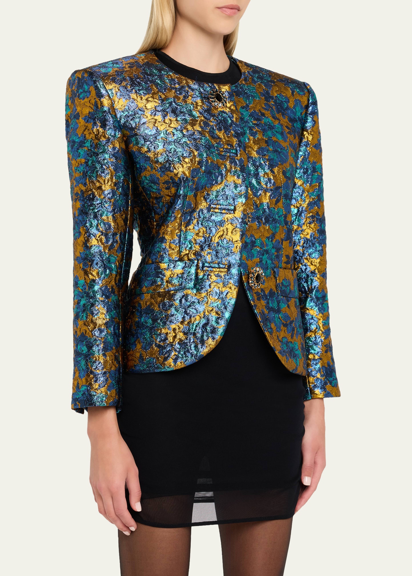 Metallic Floral Brocade Single-Breasted Jacket - 4