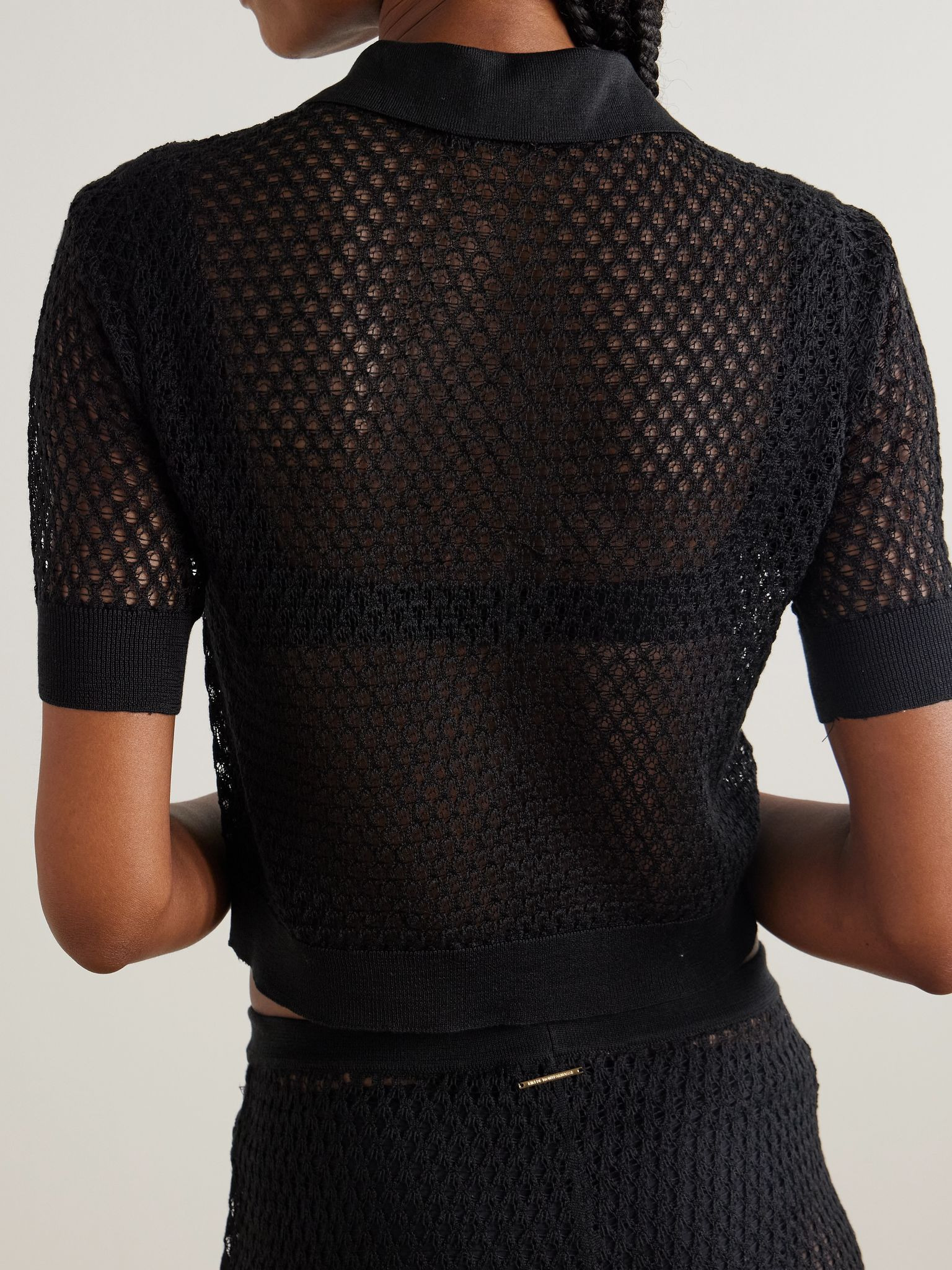 Cropped open-knit silk polo shirt Black - 3