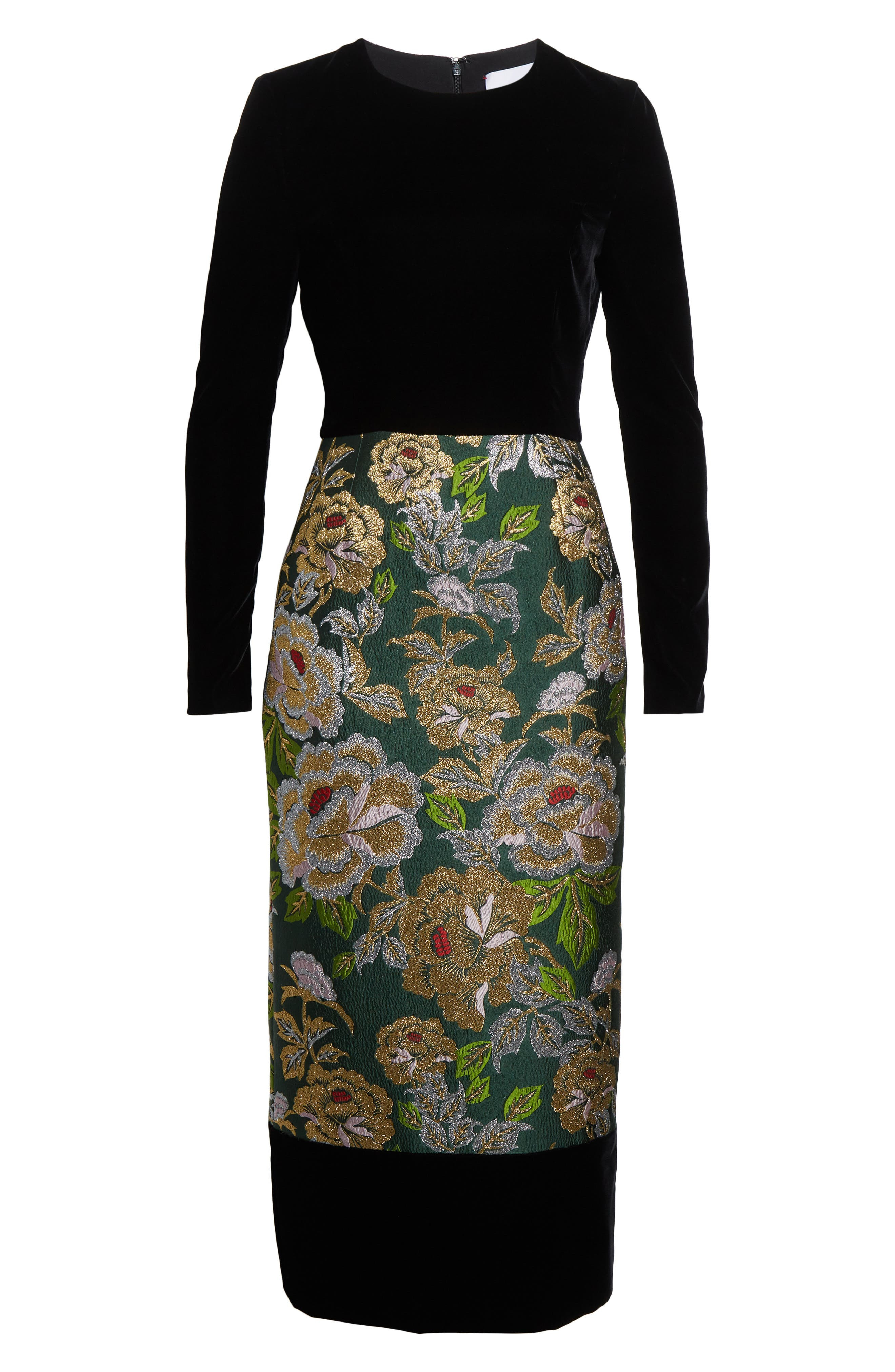 Carolina Herrera Long Sleeve Floral Jacquard & Velvet Midi Dress in Pine Green Mult at Nordstrom - 5