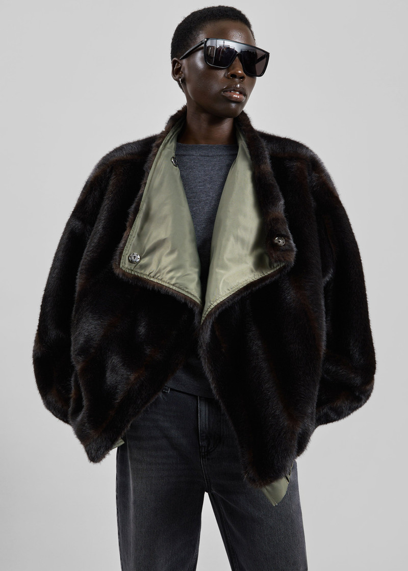 Vera Faux Fur Reversible Short Coat - Brown/Green 3
