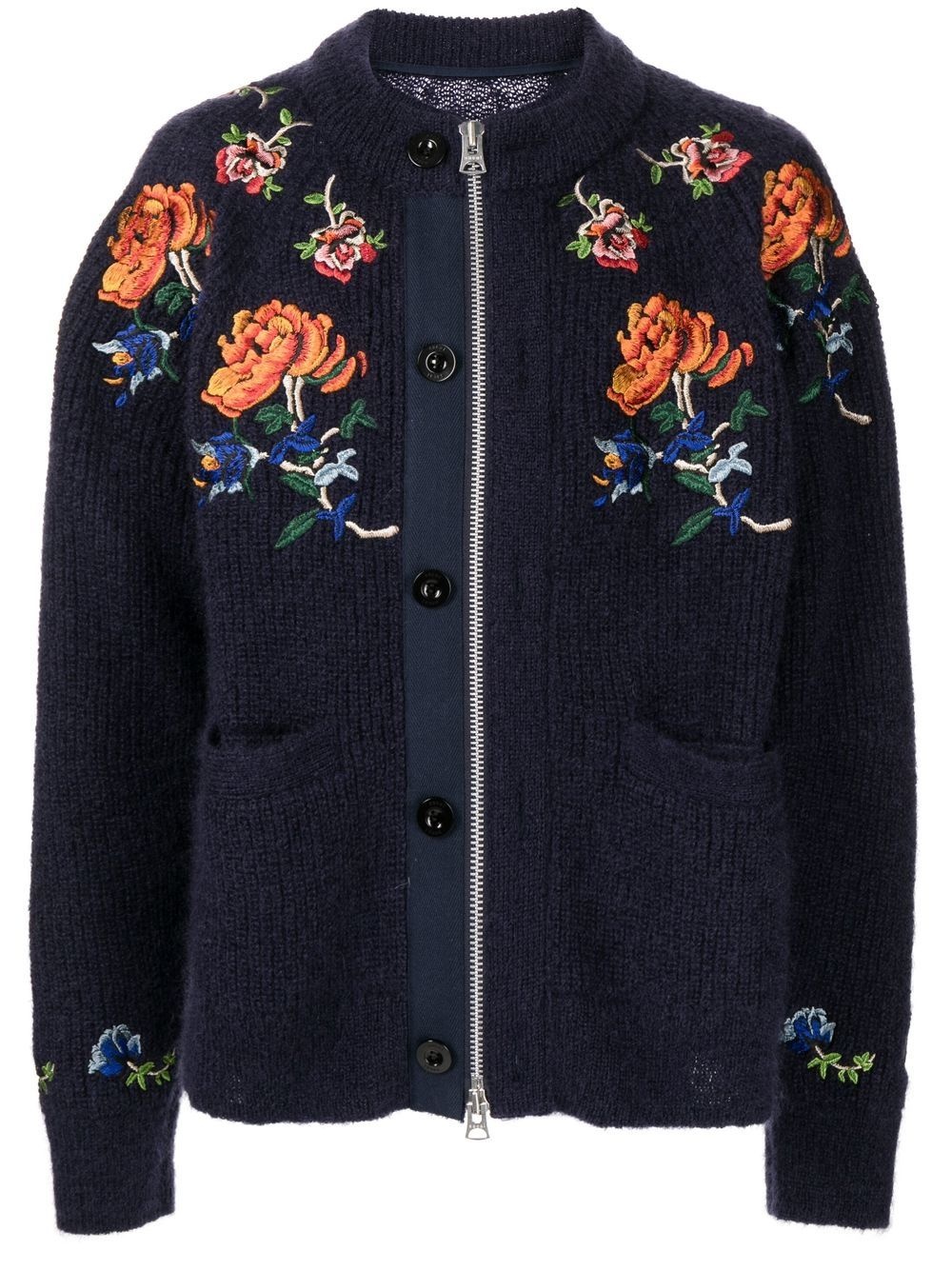 zip-front floral-embroidered cardigan - 1