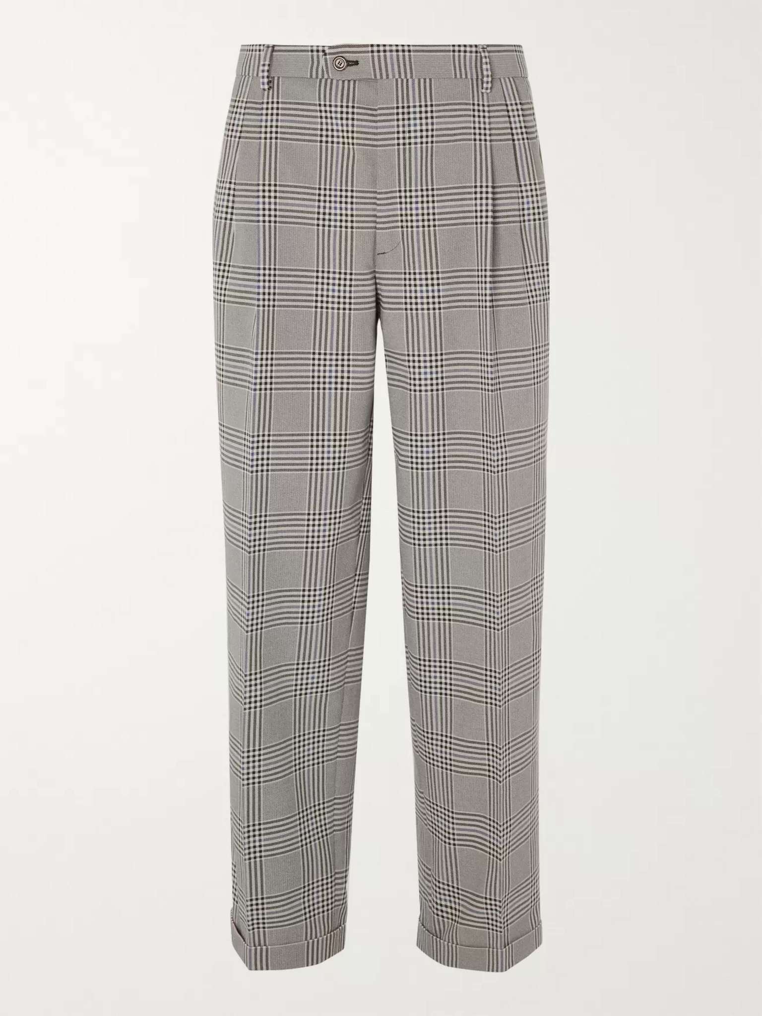 Grey Pleated Prince of Wales Checked Cotton Trousers - 7