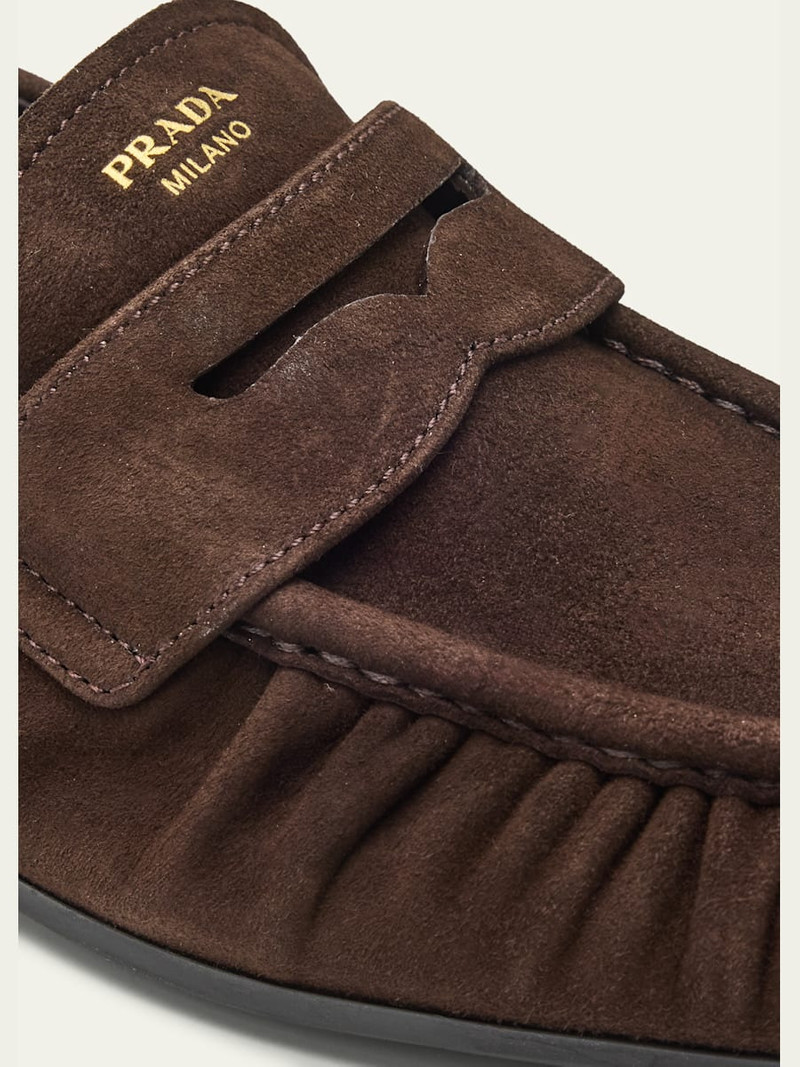 Prada Suede Ruched-Toe Penny Loafers outlook