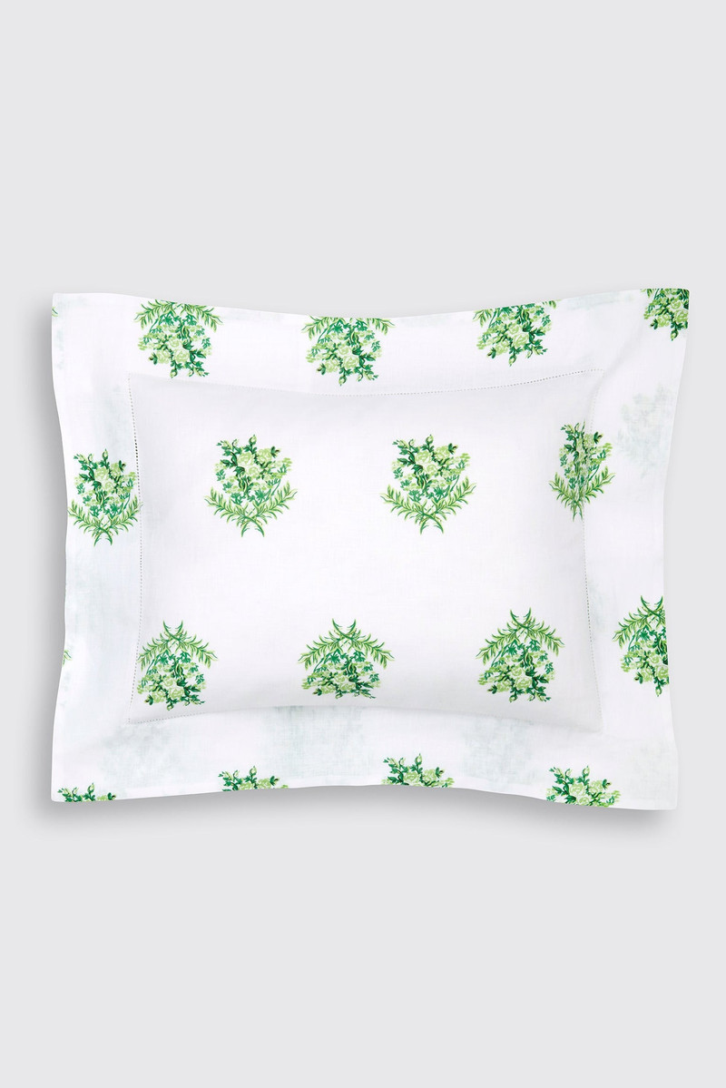 Amalia Pillow Slip in Green Floral Print on White Linen 1