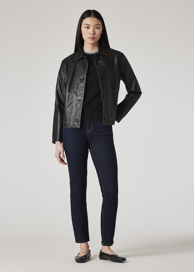 Women's Black Leather Contrast Stitch Jacket 6