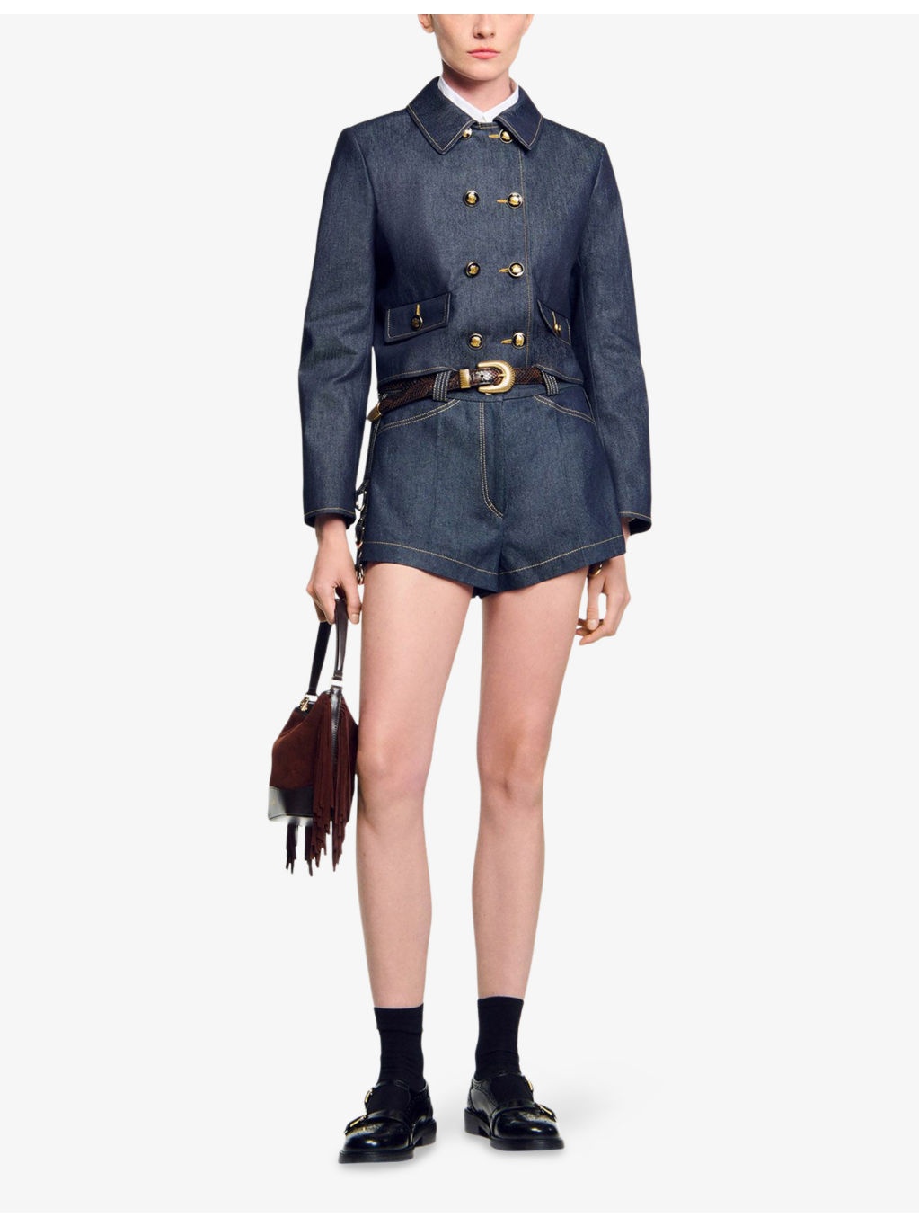 Ring-Embellished Contrast-Stitch Denim Shorts - 2